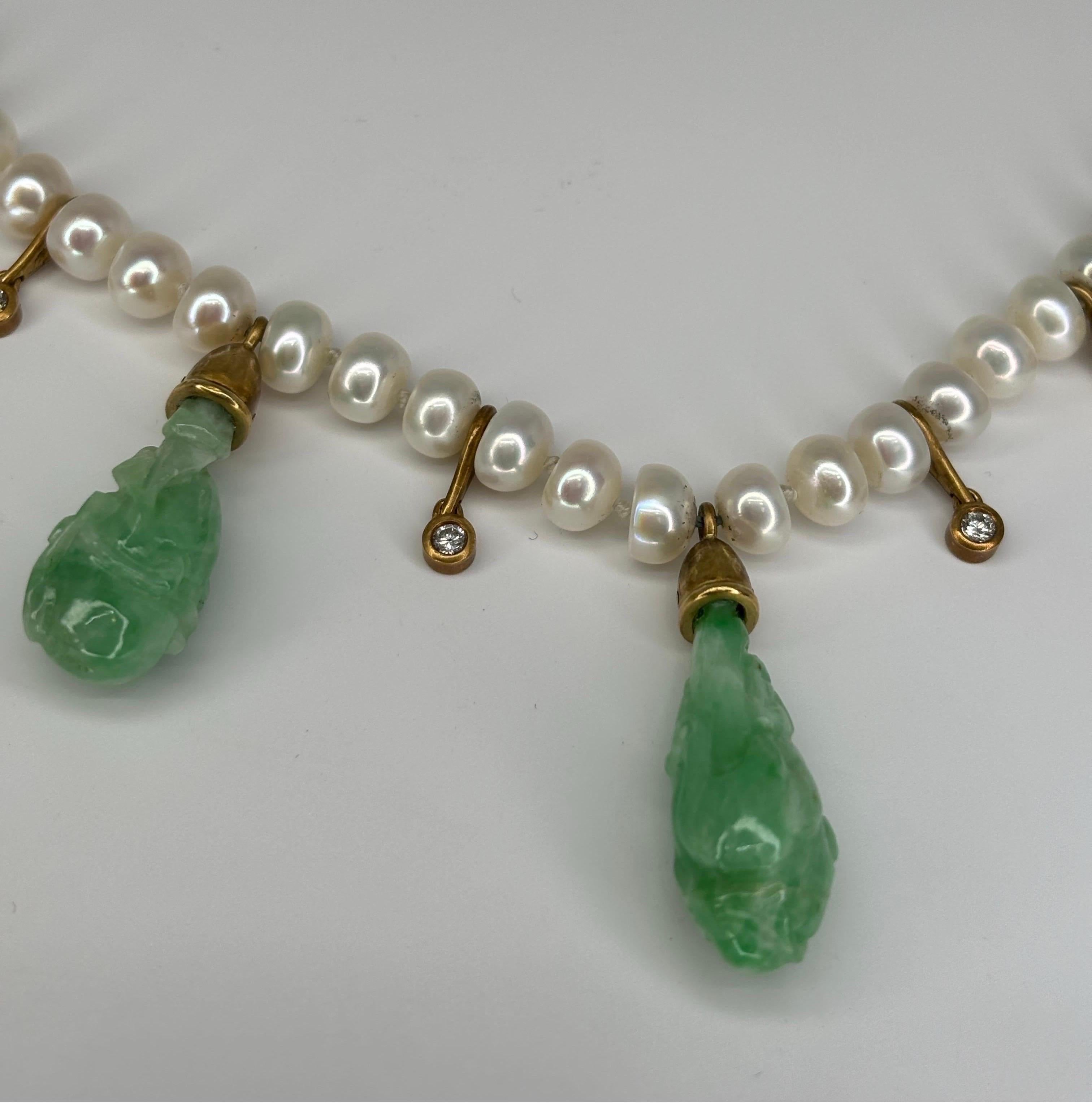 JKa Kohle & Co Yellow Gold Carved Natural Jadeite Diamond Pearl Drop Necklace For Sale 3