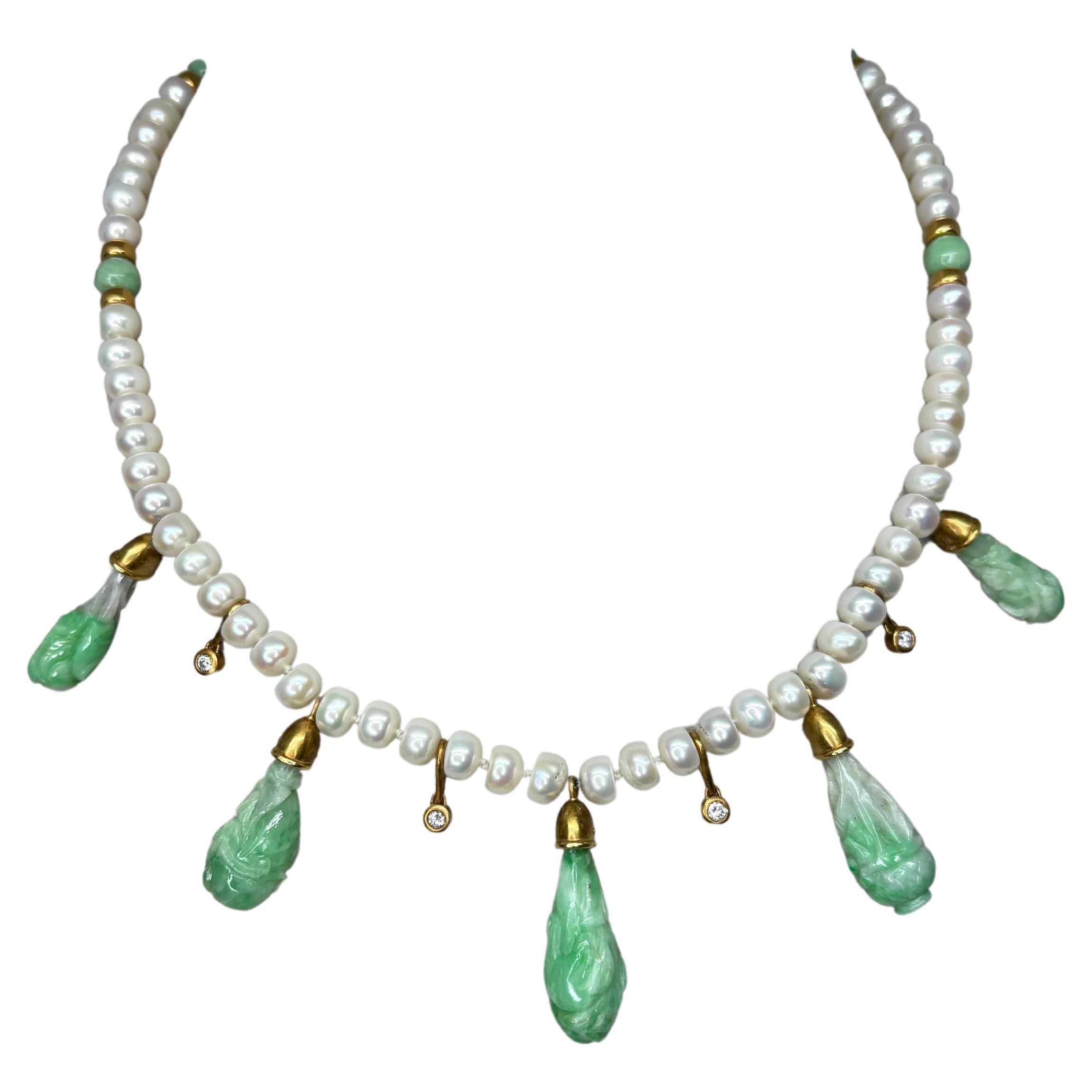 JKa Kohle & Co Yellow Gold Carved Natural Jadeite Diamond Pearl Drop Necklace For Sale