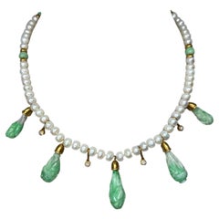 Retro JKa Kohle & Co Yellow Gold Carved Natural Jadeite Diamond Pearl Drop Necklace