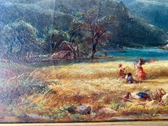 19th Century German landscape with harvesters, horse and cart, lake, mountains