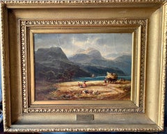 19th Century German landscape with harvesters, horse and cart, lake, mountains 