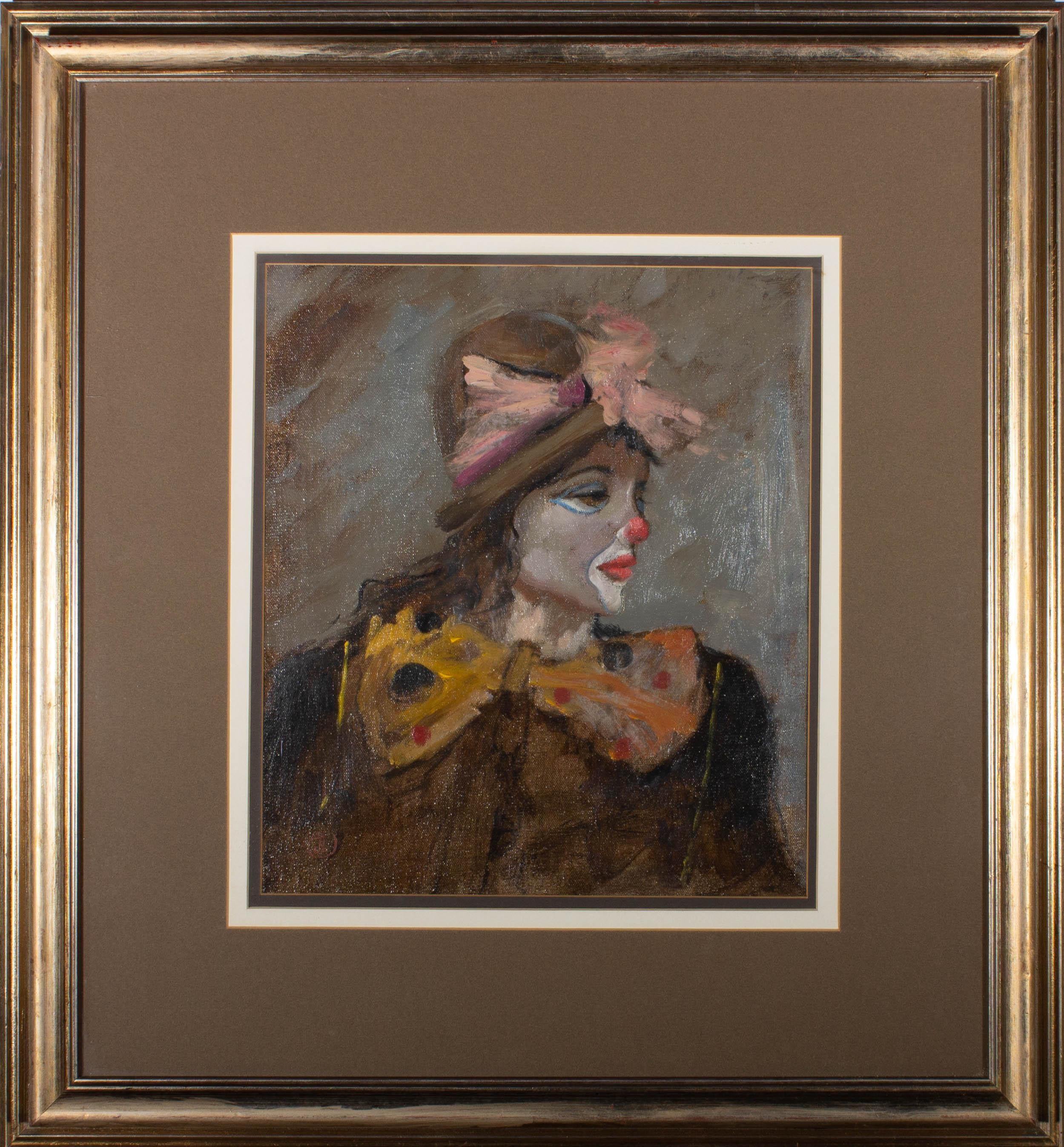 An accomplished portrait of a 1920s flapper-style clown wearing a large bow tie. Presented in a brown, white, and black triple mount and a distressed gilt-effect wooden frame. Monogrammed to the lower-left corner. On canvas board.

