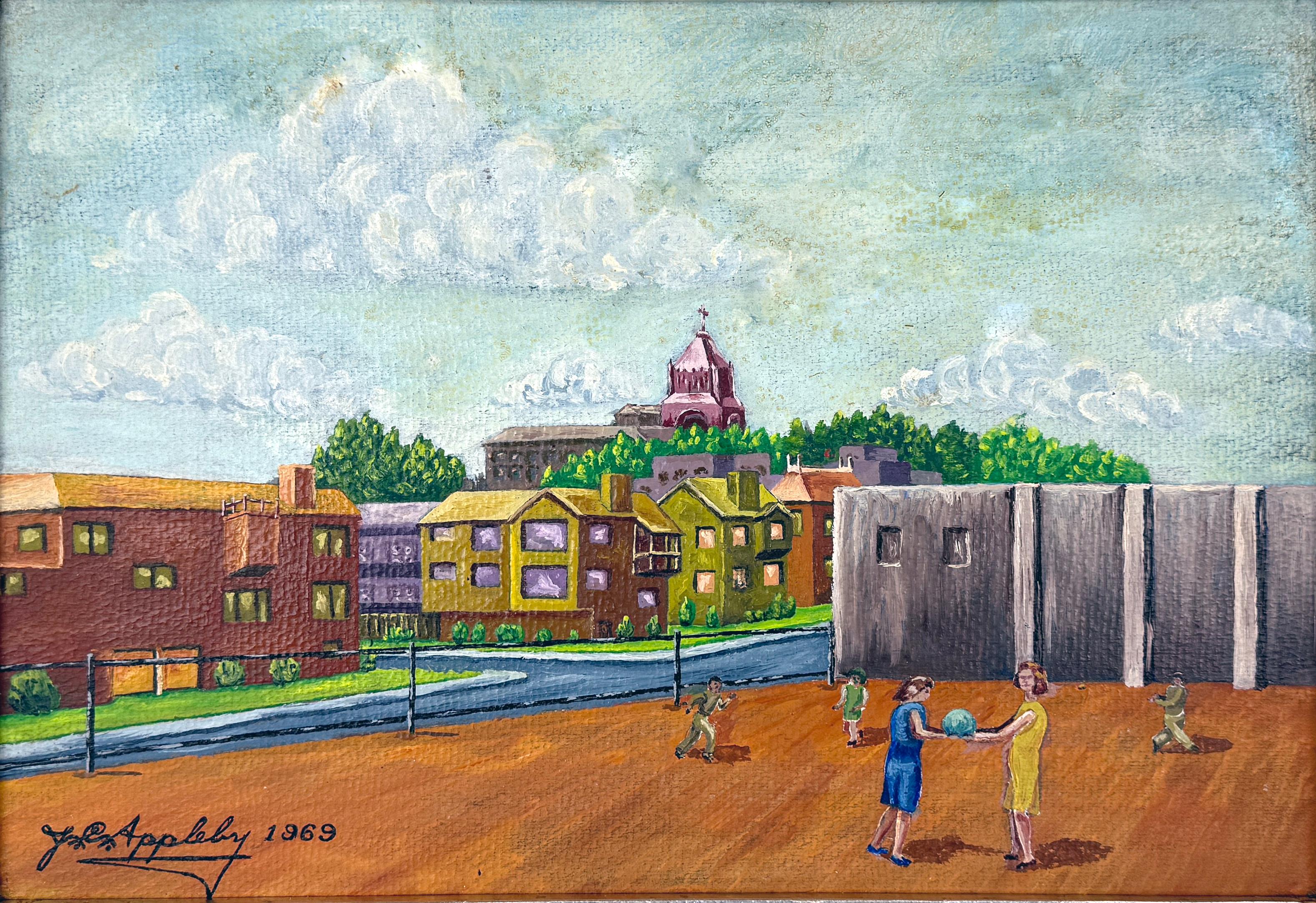 School Yard in an English Village von JL Appleby, Originales Ölgemälde auf Karton im Angebot 1