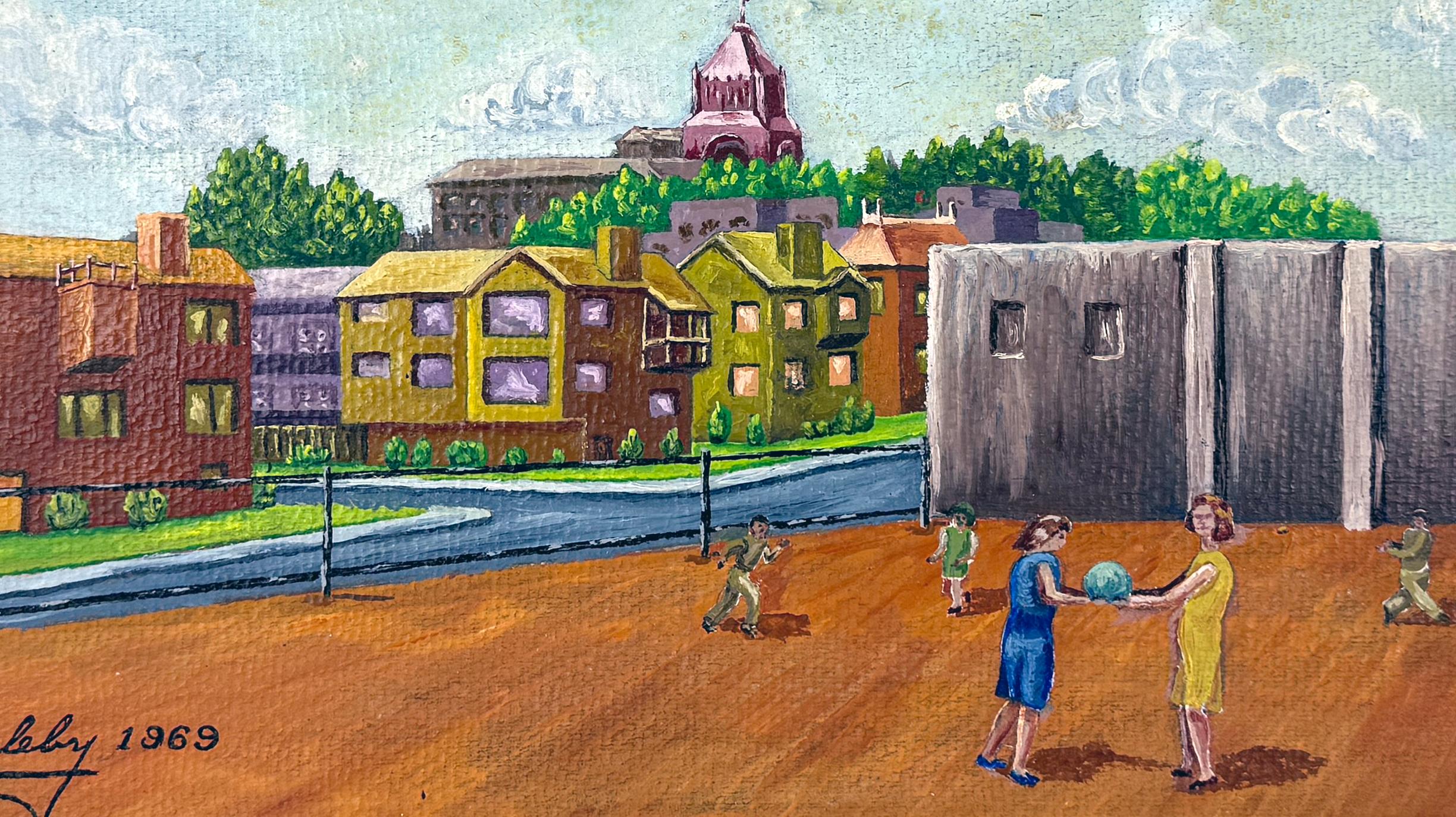 School Yard in an English Village von JL Appleby, Originales Ölgemälde auf Karton im Angebot 2