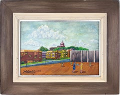 Patio de colegio en un pueblo inglés por JL Appleby Óleo original sobre tabla