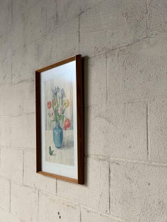 I.L.A. Nature morte représentant un bouquet de fleurs, aquarelle, style « Mid-Century Modern », 1975