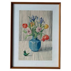 I.L.A. Nature morte représentant un bouquet de fleurs, aquarelle, style « Mid-Century Modern », 1975