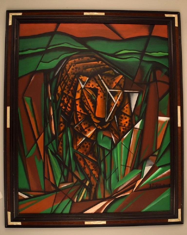 J.L. Gossmann, artiste français. Huile sur toile. Panthère dans le paysage. 
Style cubiste. Daté de 1992.
La toile mesure : 91 x 72 cm.
Le cadre mesure : 7 cm.
En parfait état.
Signé et daté.