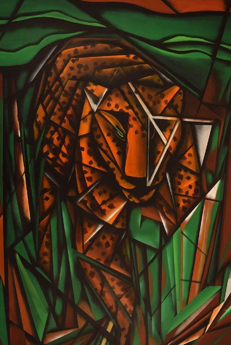 J.L. Gossmann, French Artist, Oil on Canvas, Panther in Landscape, Cubist Style In Excellent Condition For Sale In Copenhagen, DK