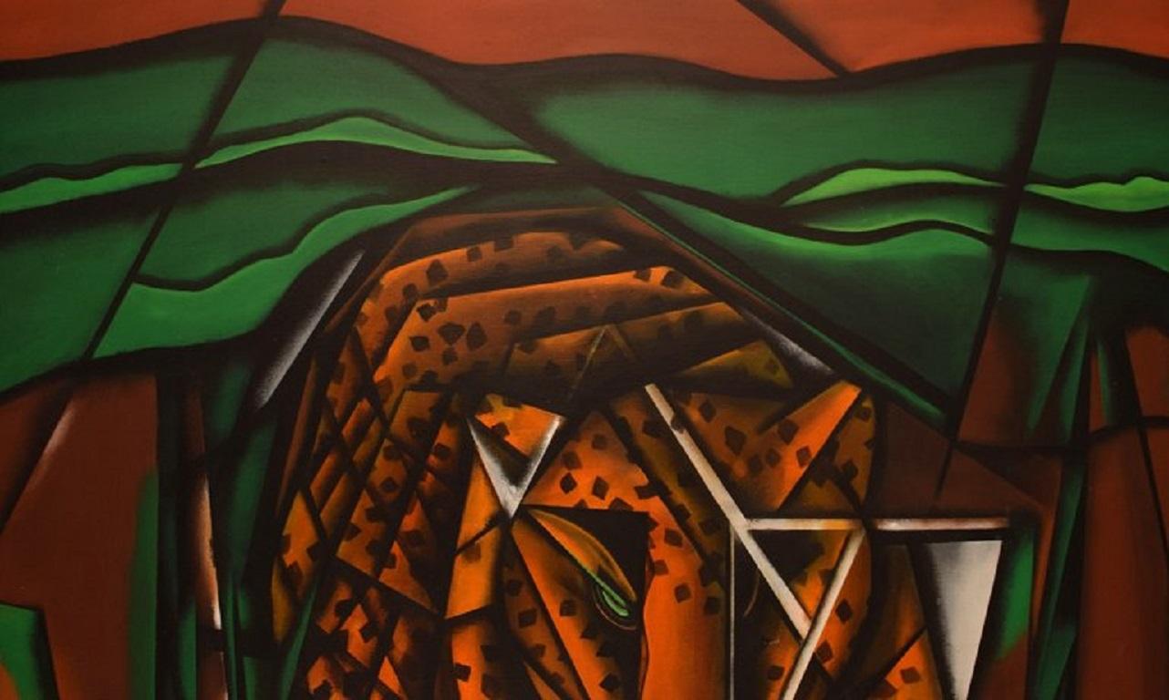 J.L. Gossmann, artiste français, huile sur toile, panthère dans un paysage, style cubiste Excellent état - En vente à Copenhagen, DK