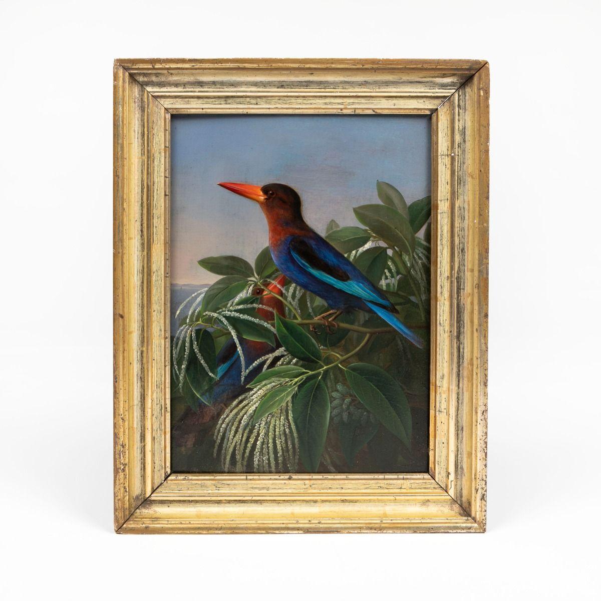 Johan Laurentz Jensen (J. L. Jensen), 1800–1856

Painting: A detailed and vividly colored bird motif depicting a pair of kingfishers (Halcyon cyanoventris) nestled in lush green foliage on a warm summer’s day. 
The composition is characterized by
