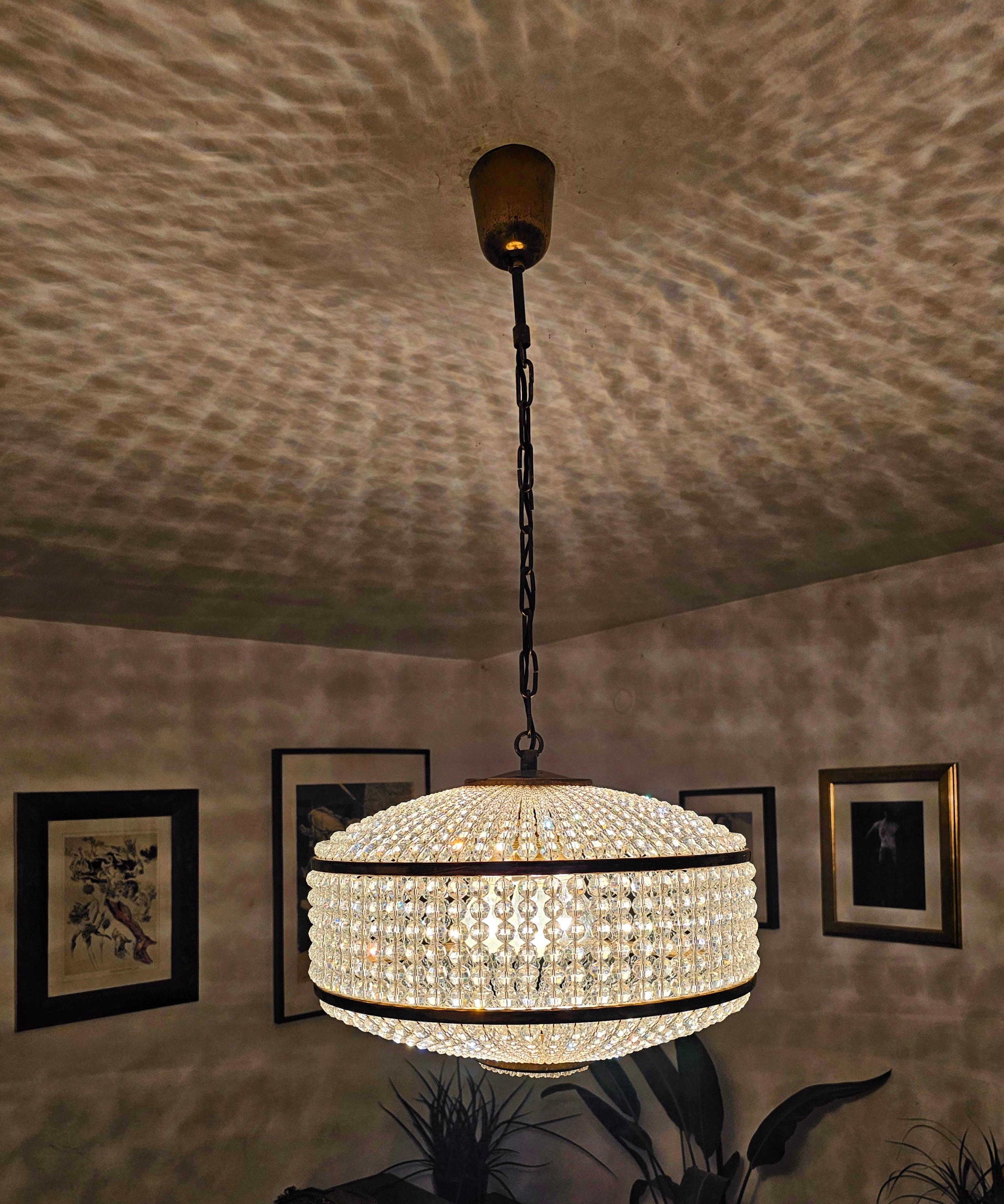 Brass J.L Lobmeyr chandelier with Swarovski crystal beads, Austria 1950s For Sale