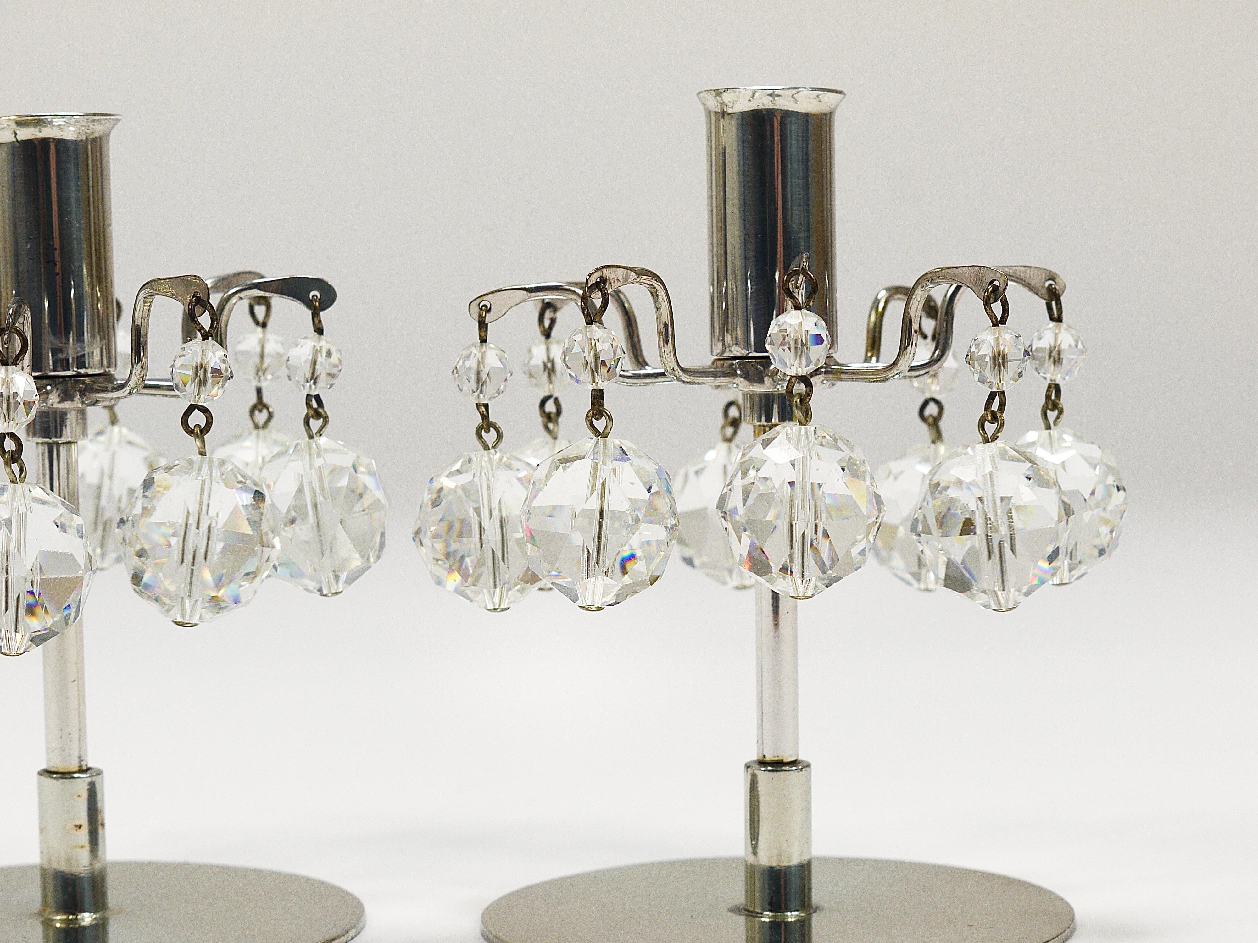 Mid-Century Modern J.L. Lobmeyr „Lights of Vienna“ Pair Candleholders, Faceted Swarovski Crystals For Sale