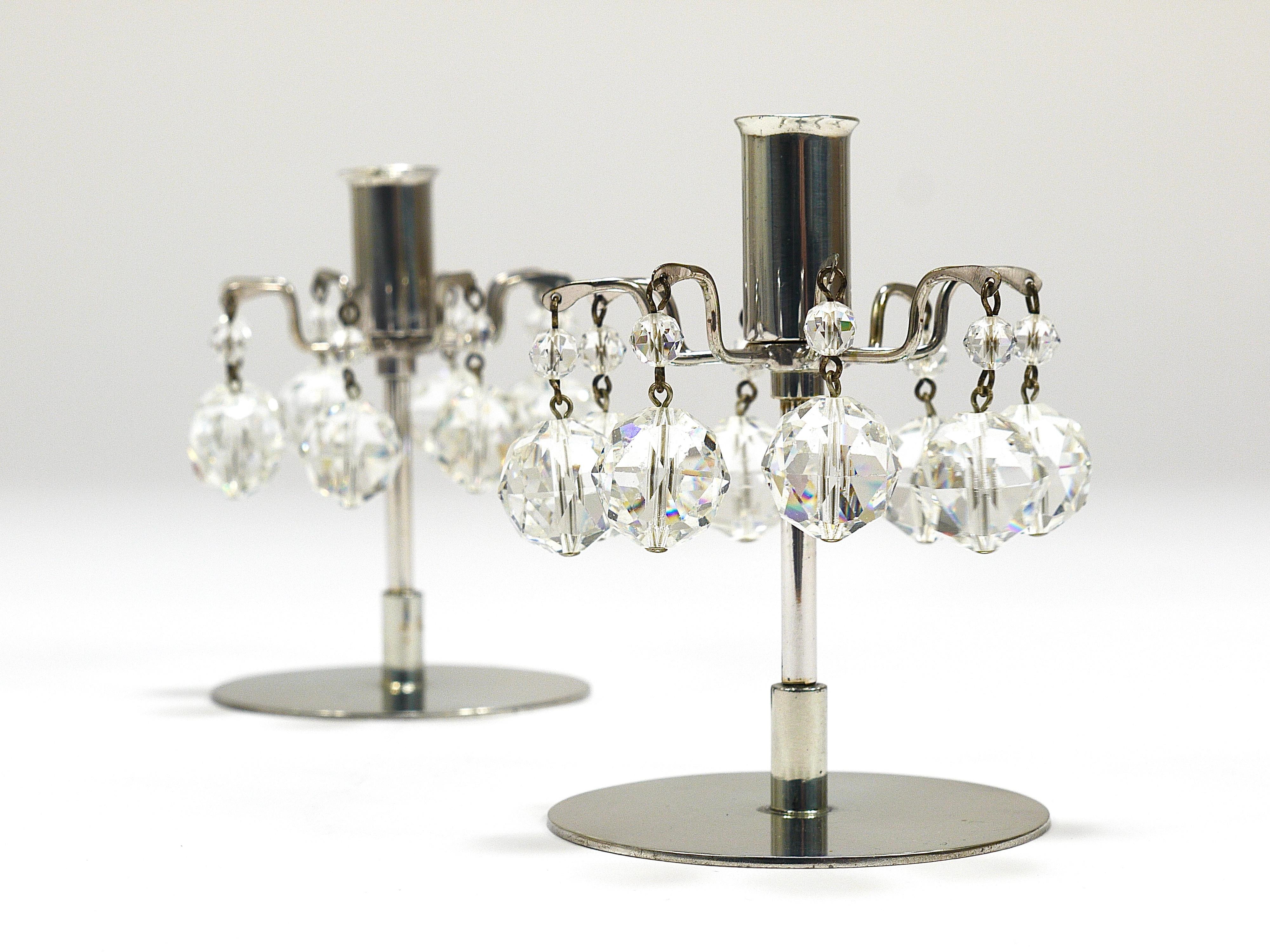 Austrian J.L. Lobmeyr „Lights of Vienna“ Pair Candleholders, Faceted Swarovski Crystals For Sale