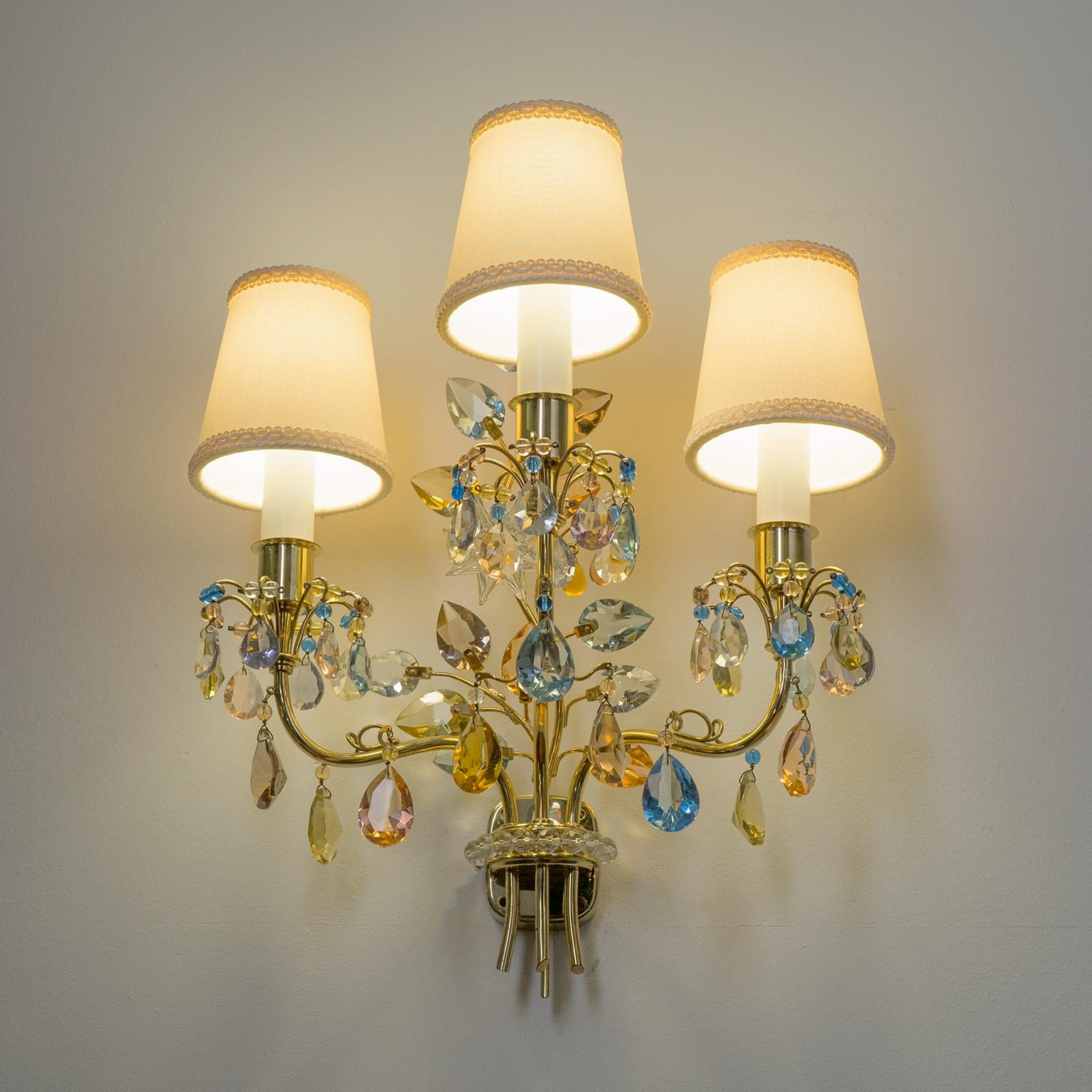 Mid-Century Modern J&L Lobmeyr Wall Lights, 1950s, Colored Crystal and Brass