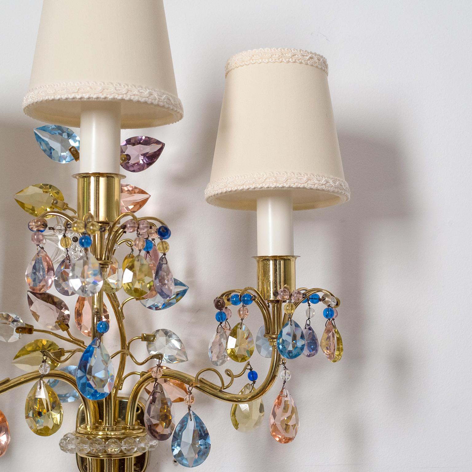 J&L Lobmeyr Wall Lights, 1950s, Colored Crystal and Brass In Good Condition In Vienna, AT