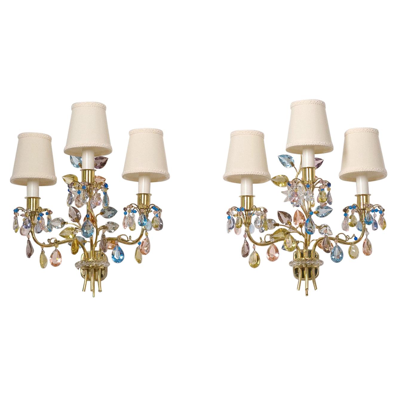 J&L Lobmeyr Wall Lights, 1950s, Colored Crystal and Brass