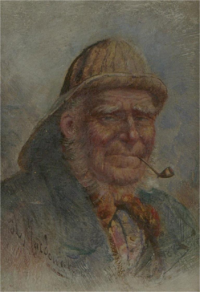 A portrait of an elderly man wearing a sou'wester and smoking a pipe. Presented glazed in an ornate gilt-effect wooden frame with a fluted cove and a gilt-effect slip. Signed to the lower-left corner and dated to the lower-right corner. One of a