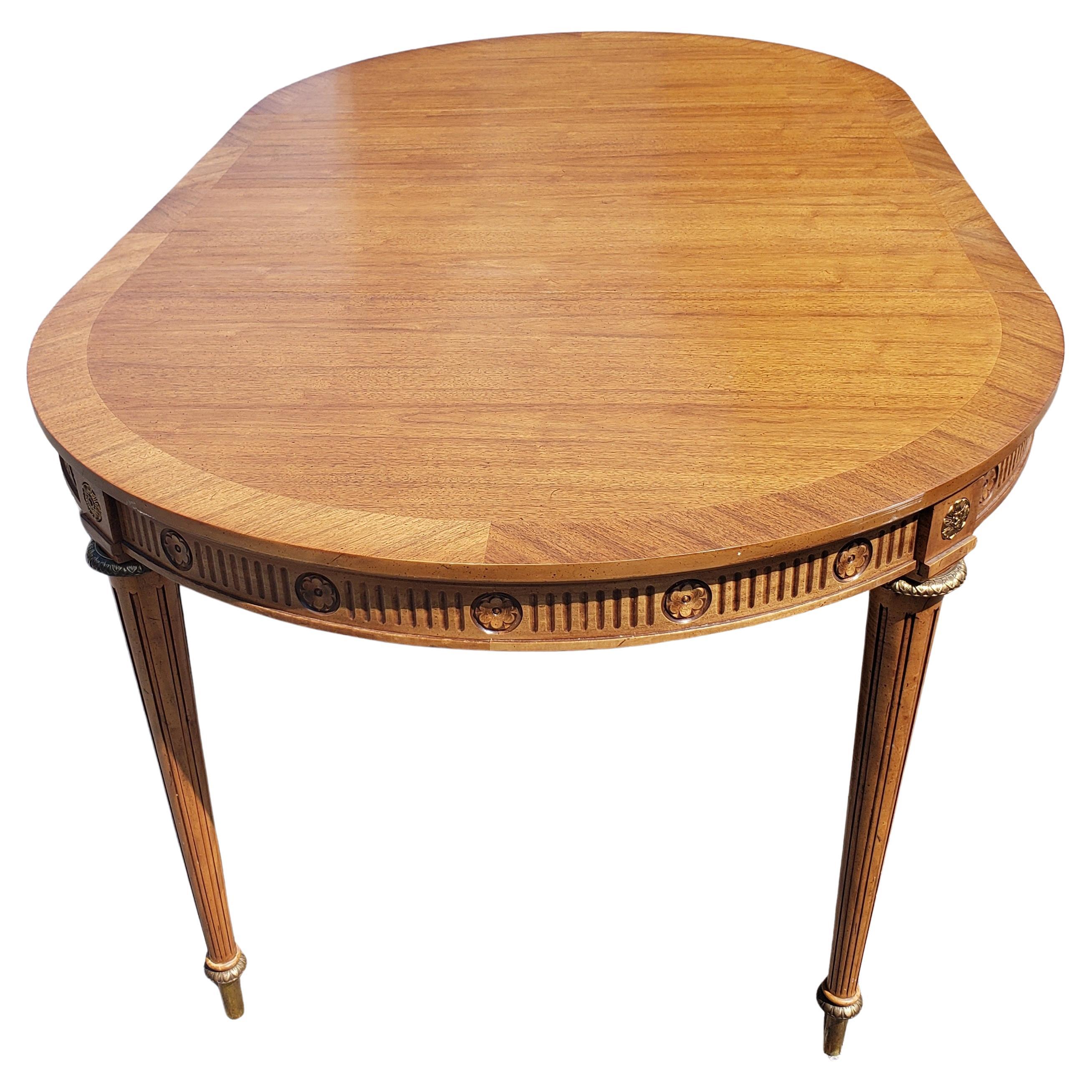 Veneer J.L. Metz Furniture French Walnut and Brass Extension Dining Table with 2 Leaves For Sale
