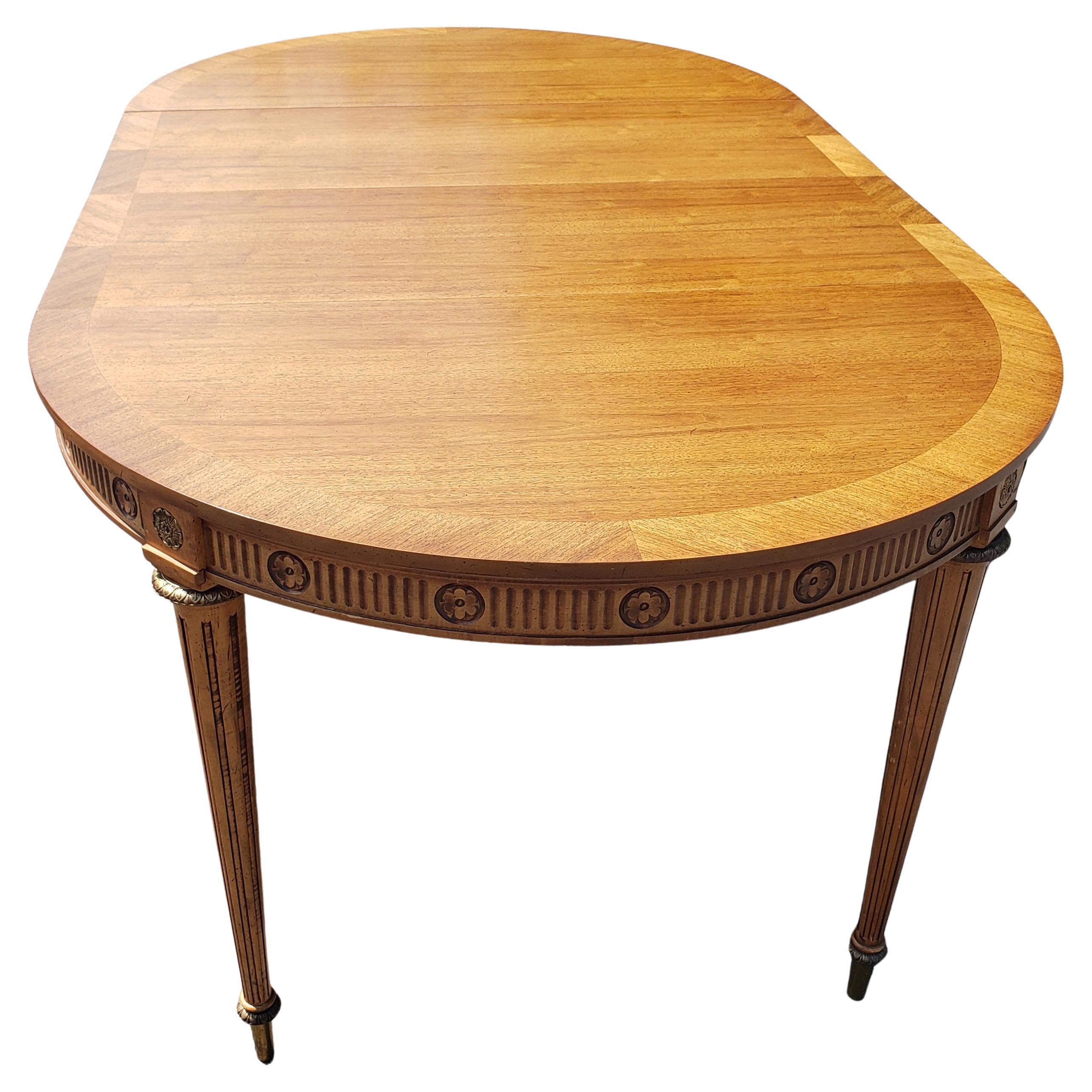 J.L. Metz Furniture French Walnut and Brass Extension Dining Table with 2 Leaves For Sale 1