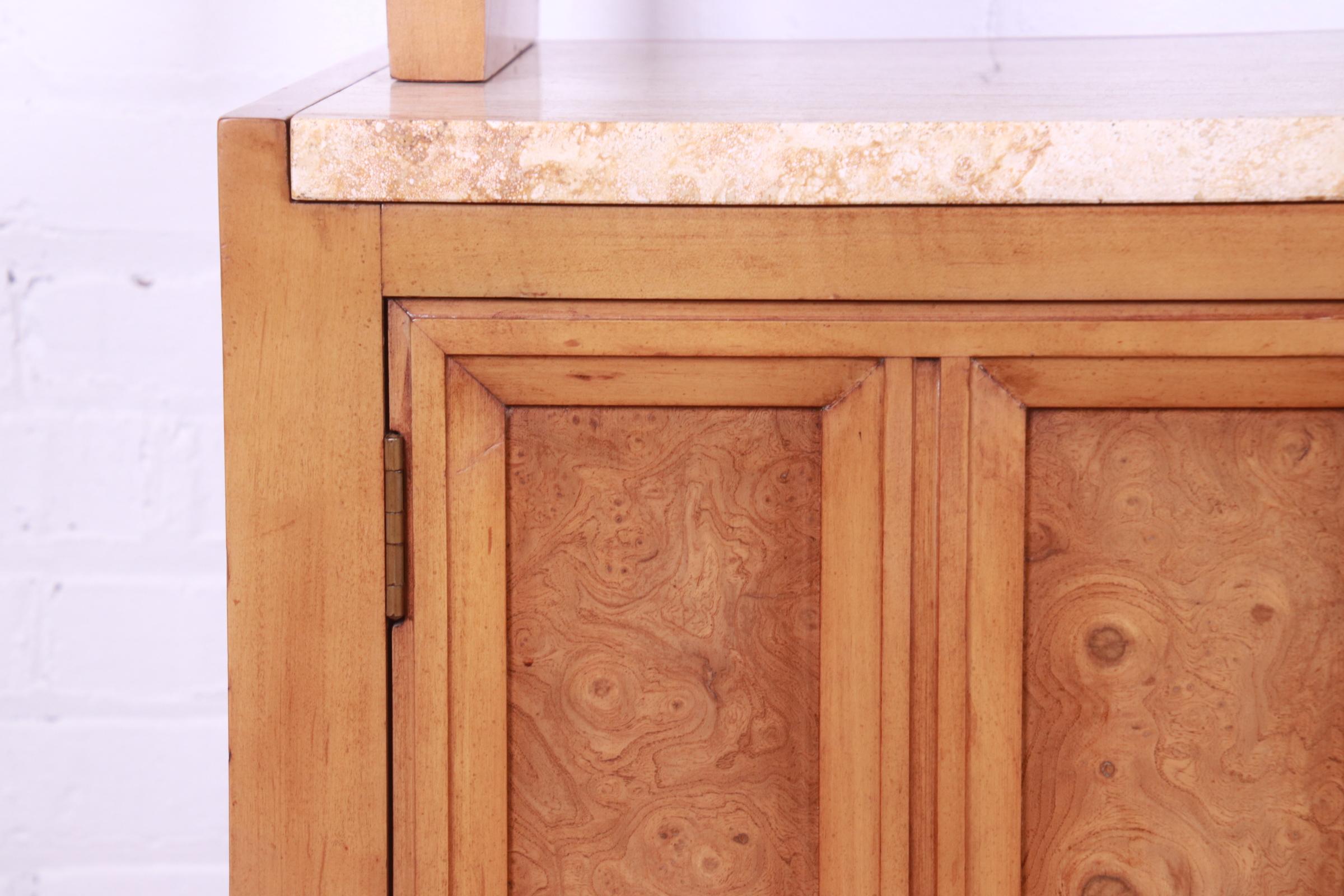 J.L. Metz Sideboard or Bar Cabinet in Cherry, Burl, Travertine, and Brass 3