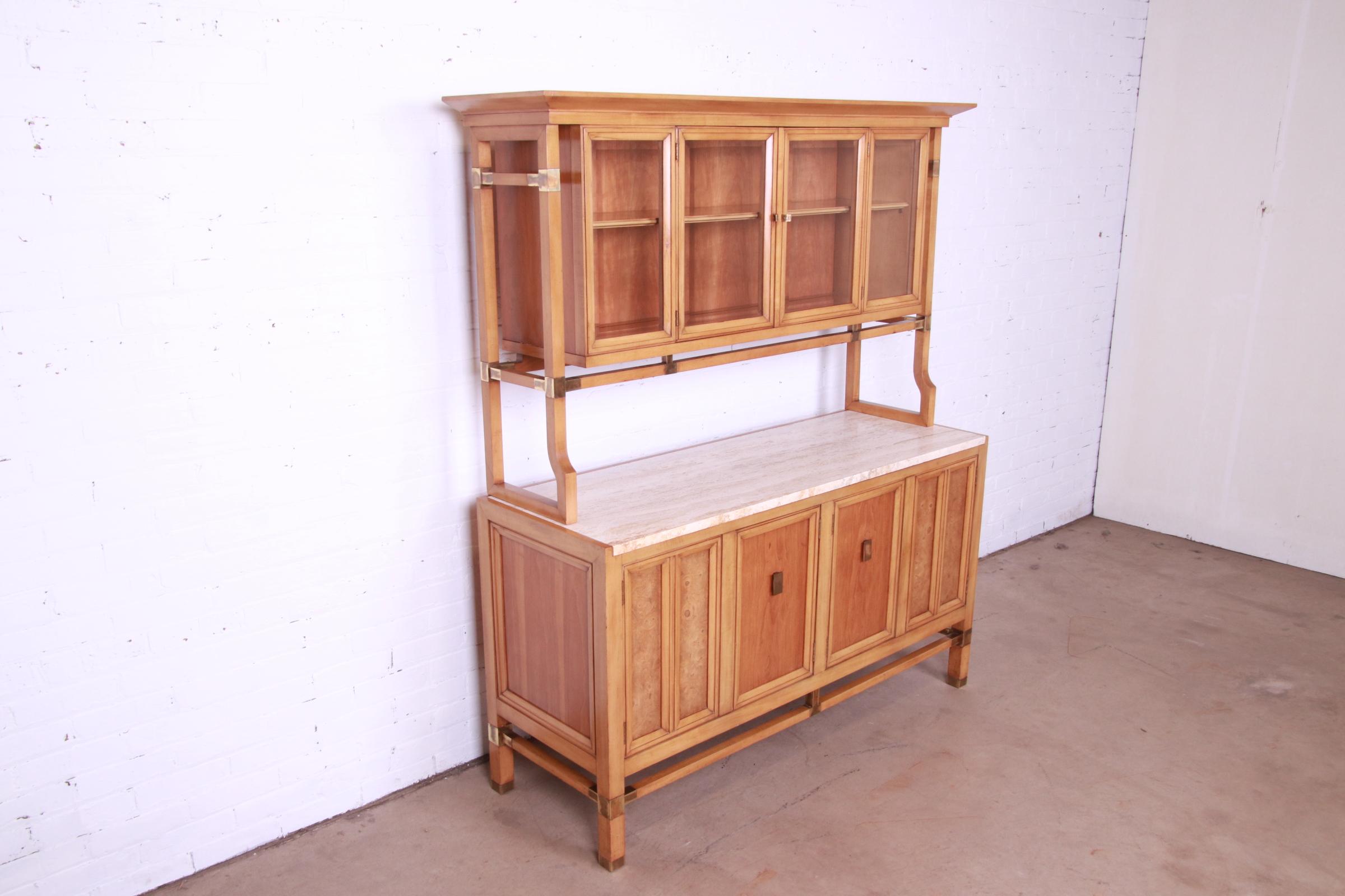 J.L. Metz Sideboard or Bar Cabinet in Cherry, Burl, Travertine, and Brass In Good Condition In South Bend, IN