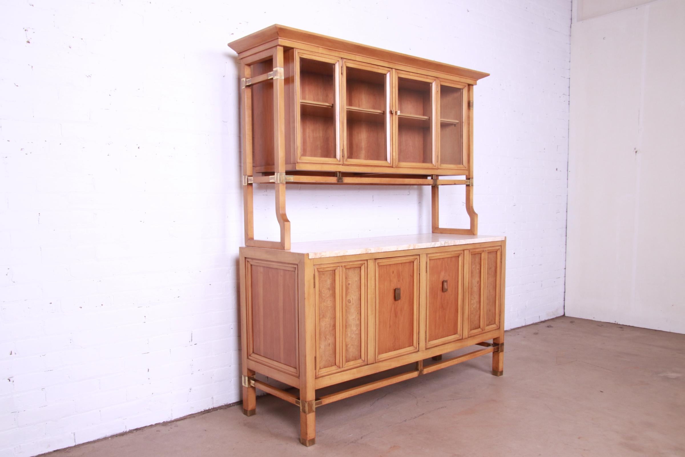 Mid-20th Century J.L. Metz Sideboard or Bar Cabinet in Cherry, Burl, Travertine, and Brass