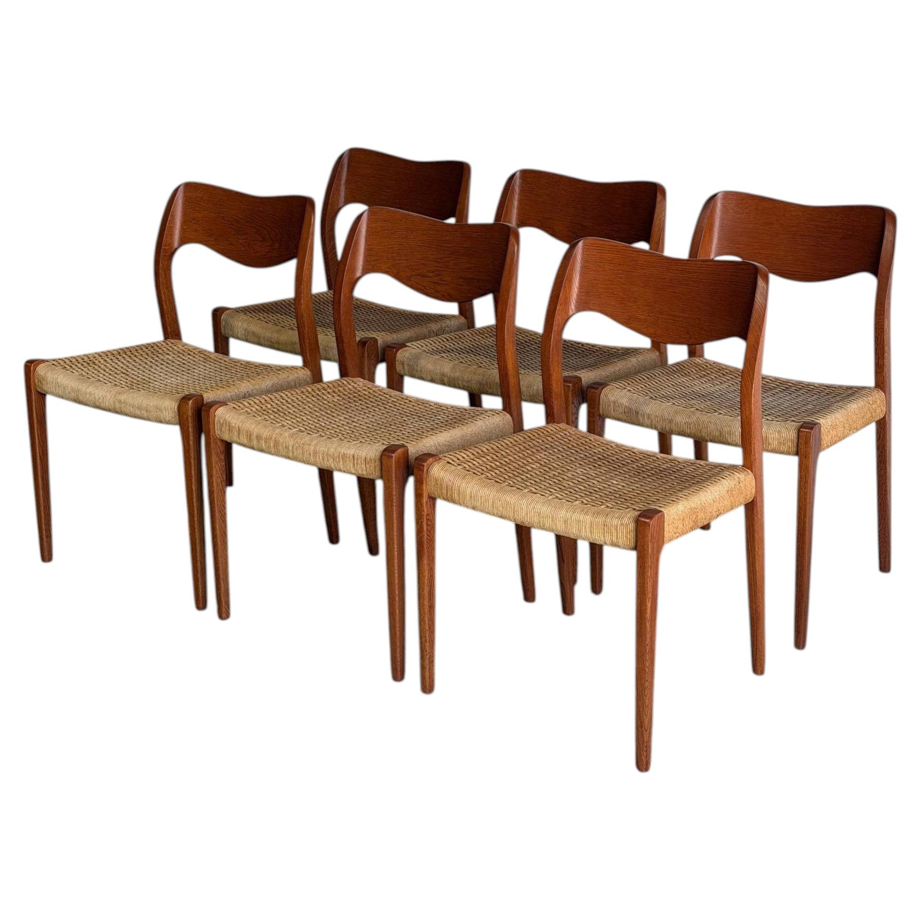 J.L. Moller Oak Model 71 Dining Chairs Set of 6 Cord Seats Denmark 1960s