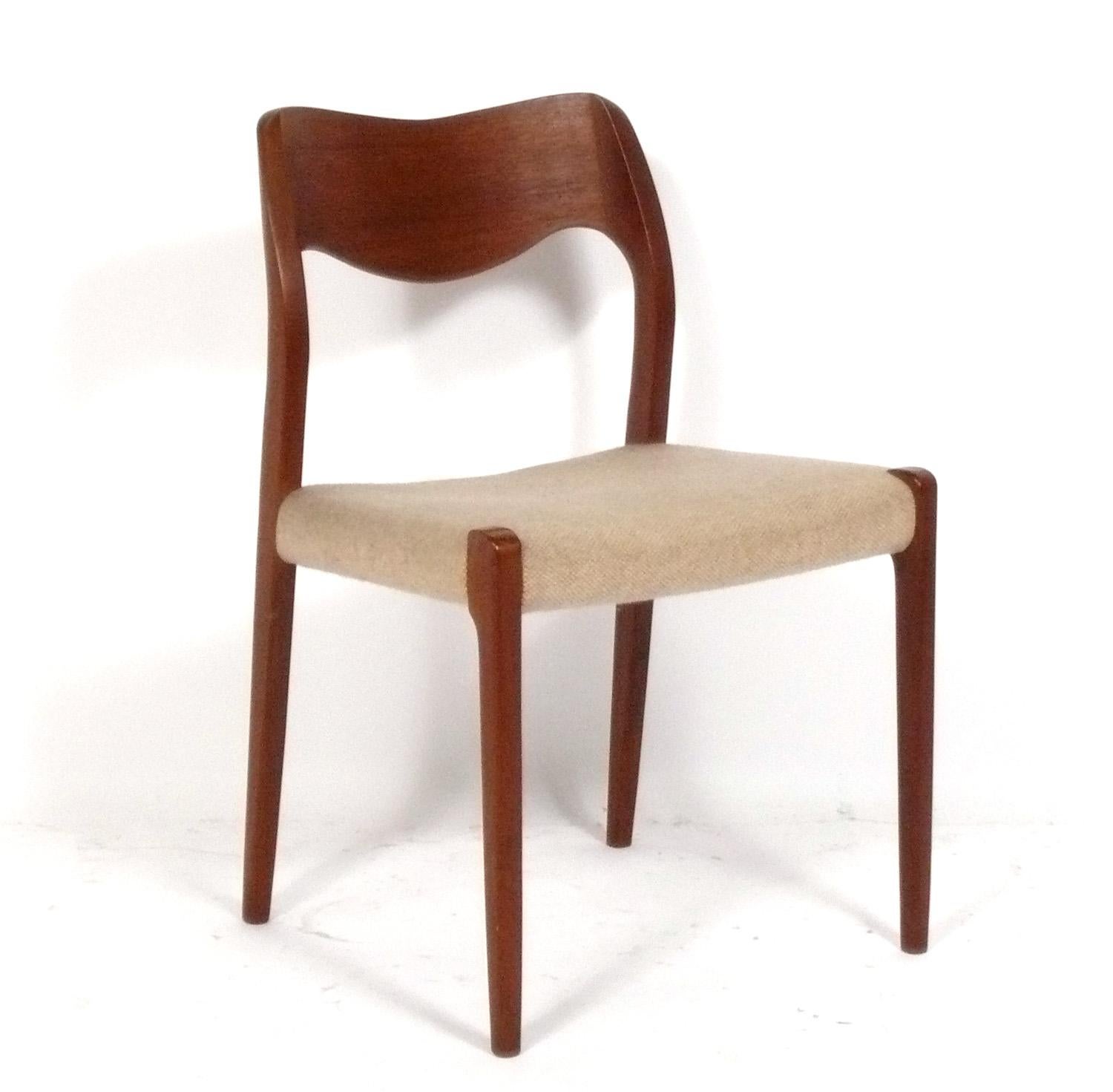 Set of Six Danish Modern Model 71 Dining Chairs, designed by Niels Moller for J.L. Moller, signed, Denmark, circa 1960s. The sculptural teak frames have been cleaned and Danish oiled. These chairs are currently being reupholstered and can be