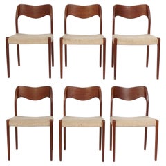 JL Moller ensemble de six chaises de salle à manger modernes danoises en teck, retapissées, modèle 71
