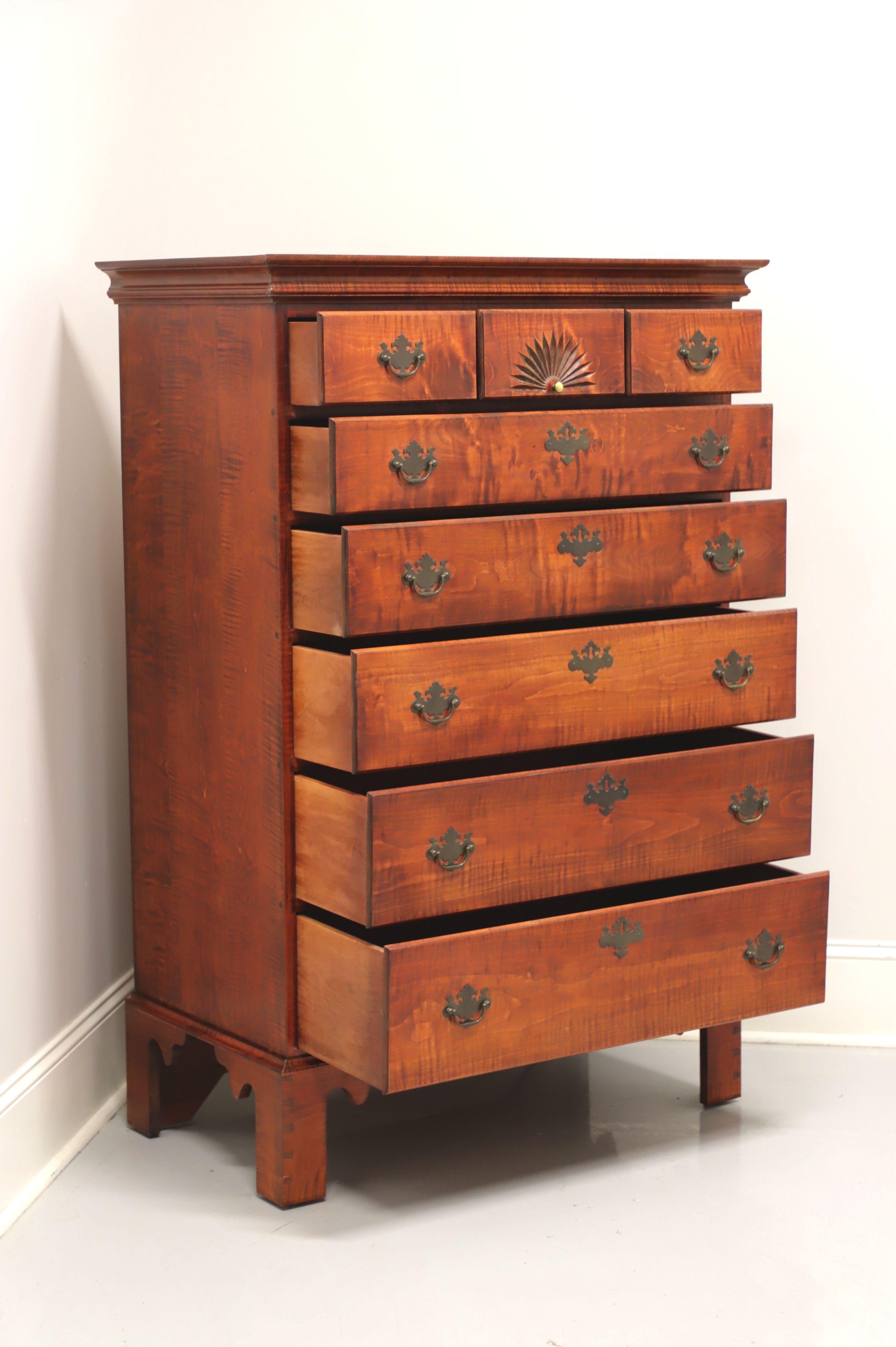 20th Century JL TREHARN Tiger Maple Chippendale Style Tall Chest of Drawers