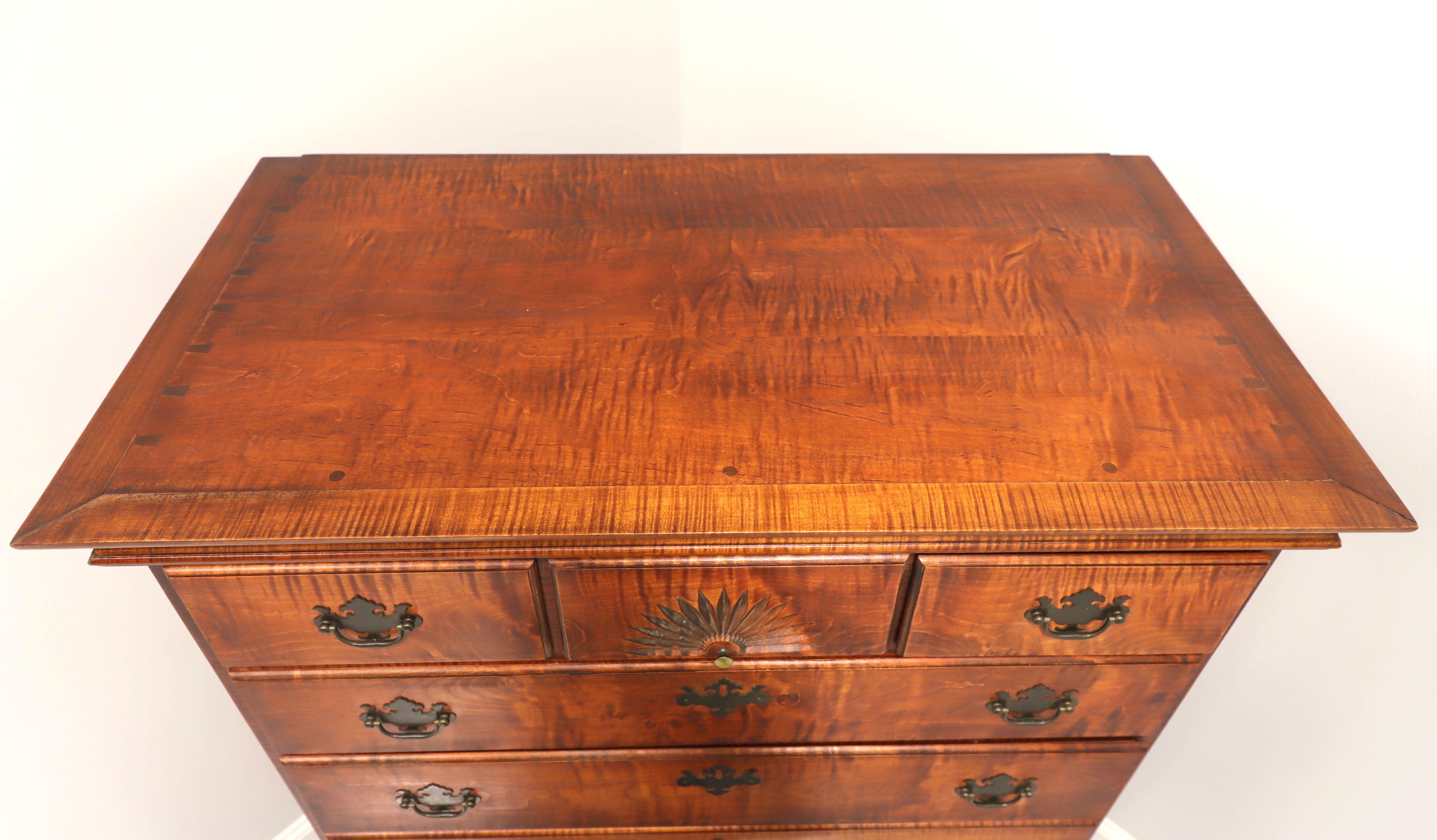 Brass JL TREHARN Tiger Maple Chippendale Style Tall Chest of Drawers