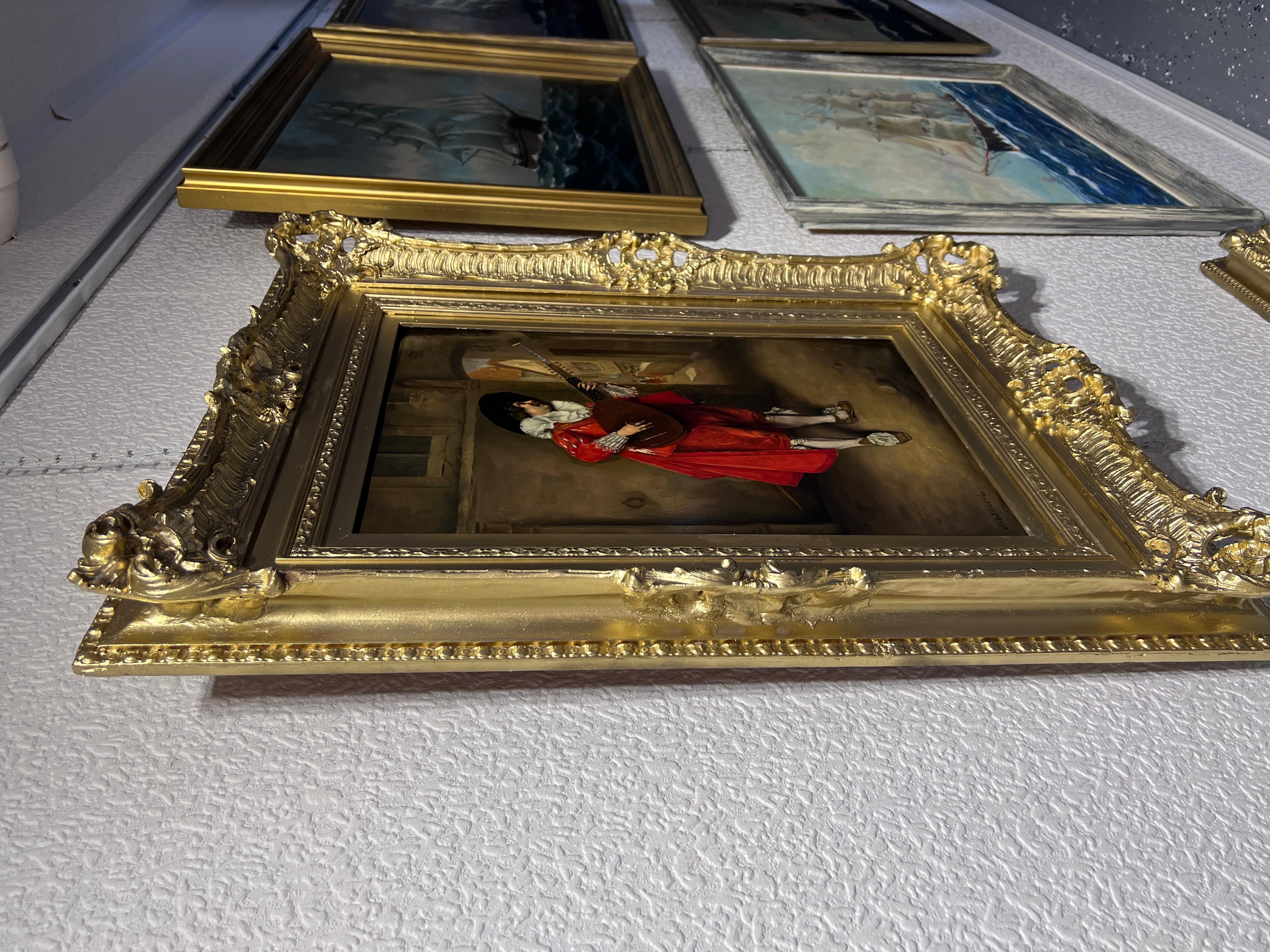 J.Lambert 19th c. Antique oil painting on wood Portrait, Genre scene, Gold Frame For Sale 10