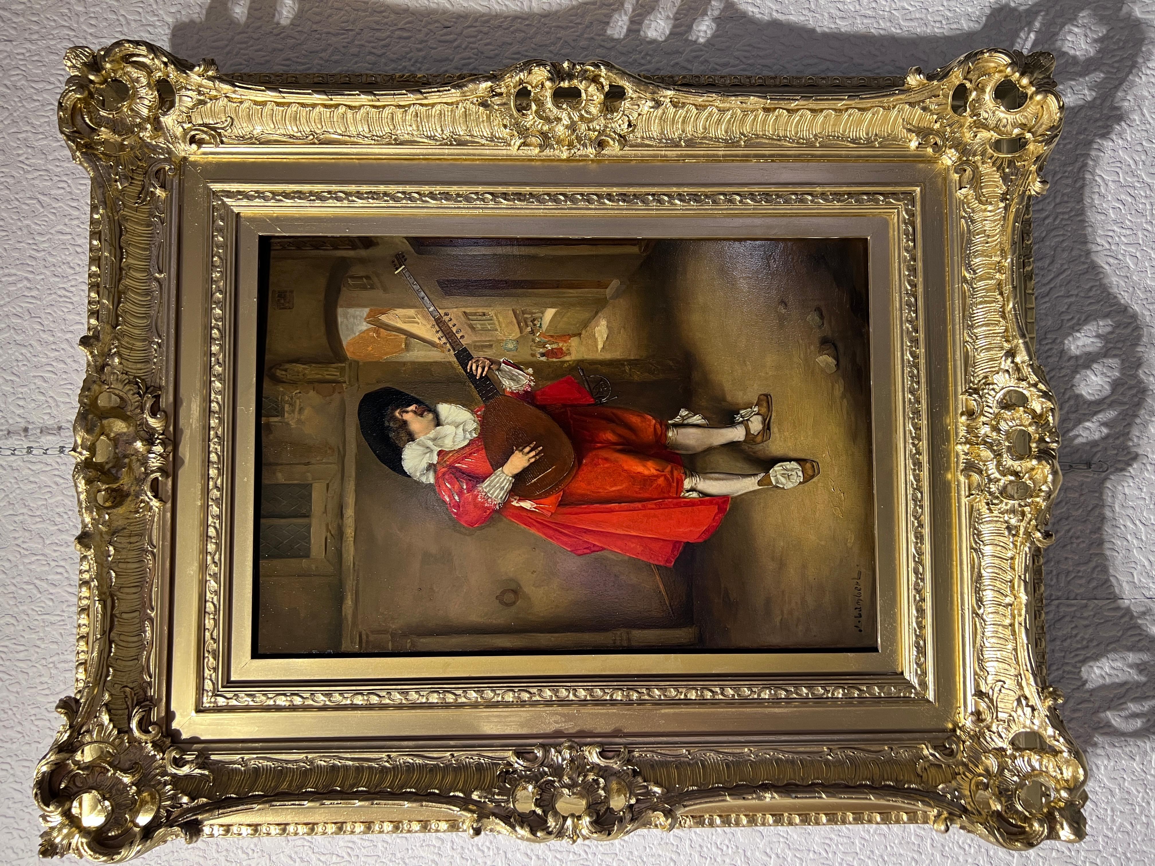 Up for sale is an amazing original antique oil painting on a wooden board depicting a portrait of a nobleman in a red camisole with a guitar. He peers around the corner as if he is anticipating someone's arrival.

The painting is in good/antique