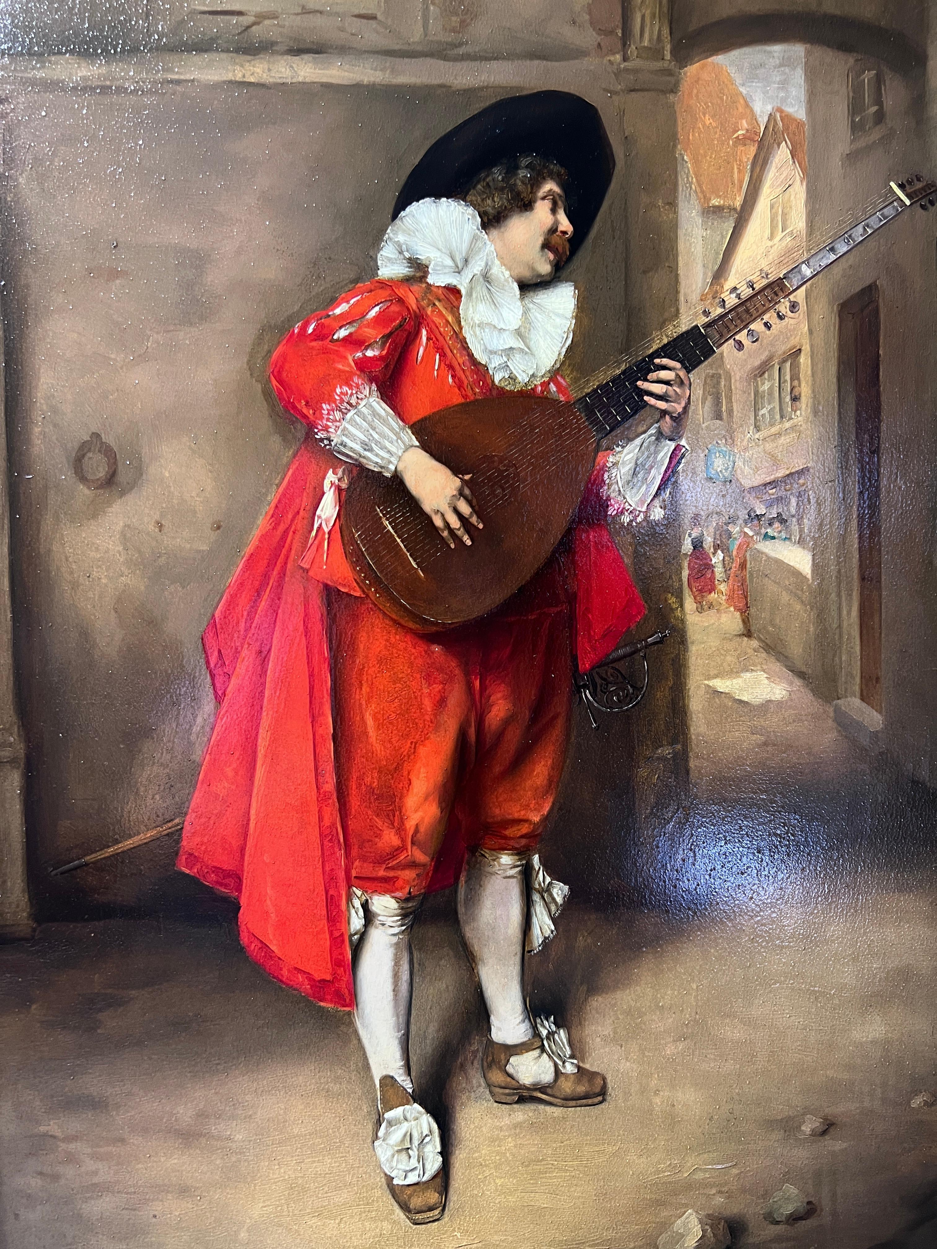 In vendita c'è un incredibile dipinto ad olio originale su tavola di legno che raffigura il ritratto di un nobile in canotta rossa con una chitarra. Scruta dietro l'angolo come se stesse anticipando l'arrivo di qualcuno.

Il dipinto è in