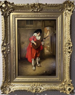 J.Lambert 19th c. Antique oil painting on wood Portrait, Genre scene, Gold Frame