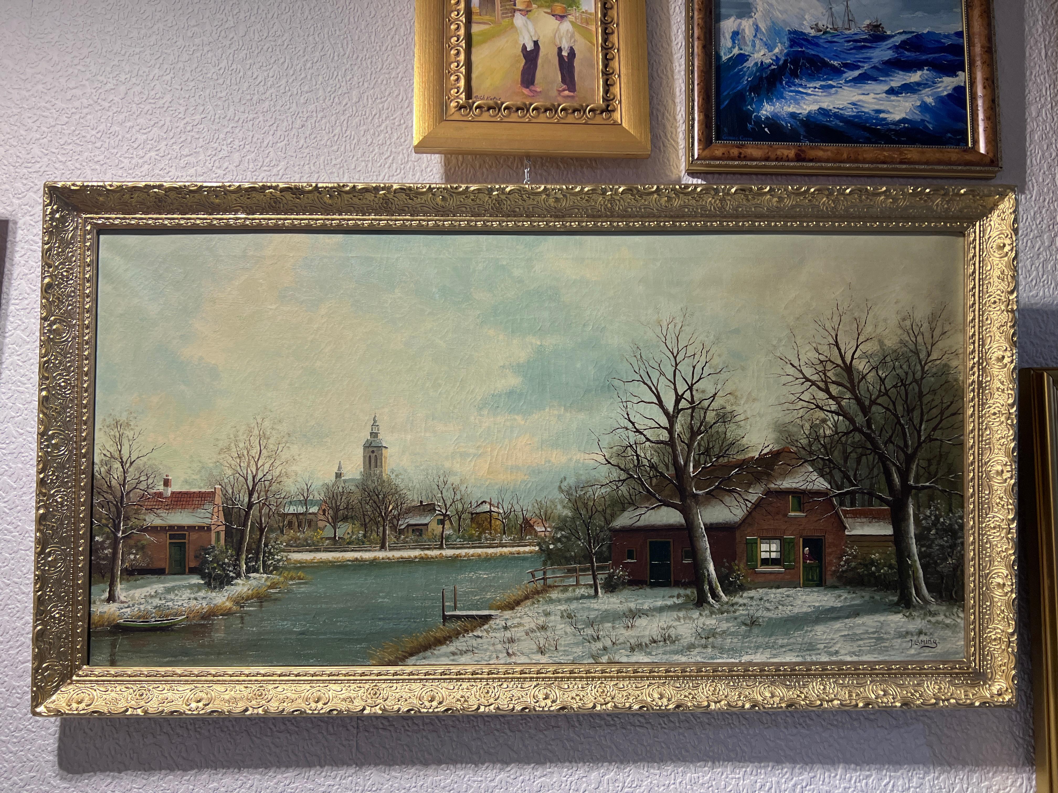 Large Dutch Style Vintage J.Lamina oil painting on canvas Rural Landscape Framed 1