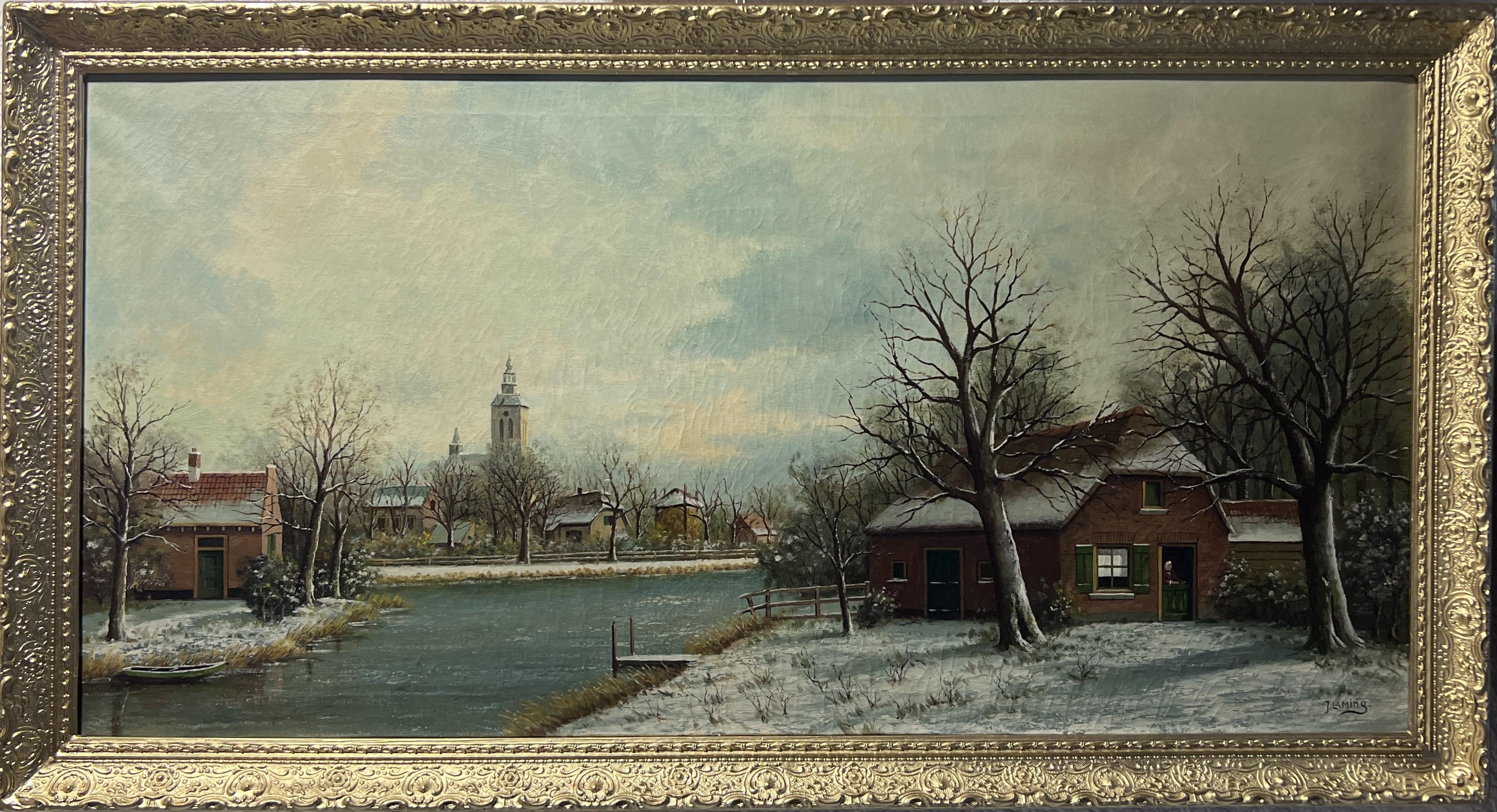 Up for sale is an original Large vintage Dutch-style oil painting on canvas depicting a rural landscape with a river view.

Signed in the lower-left corner  J.Lamina. There are some pencil notes on the backside.

Condition: Good condition, some