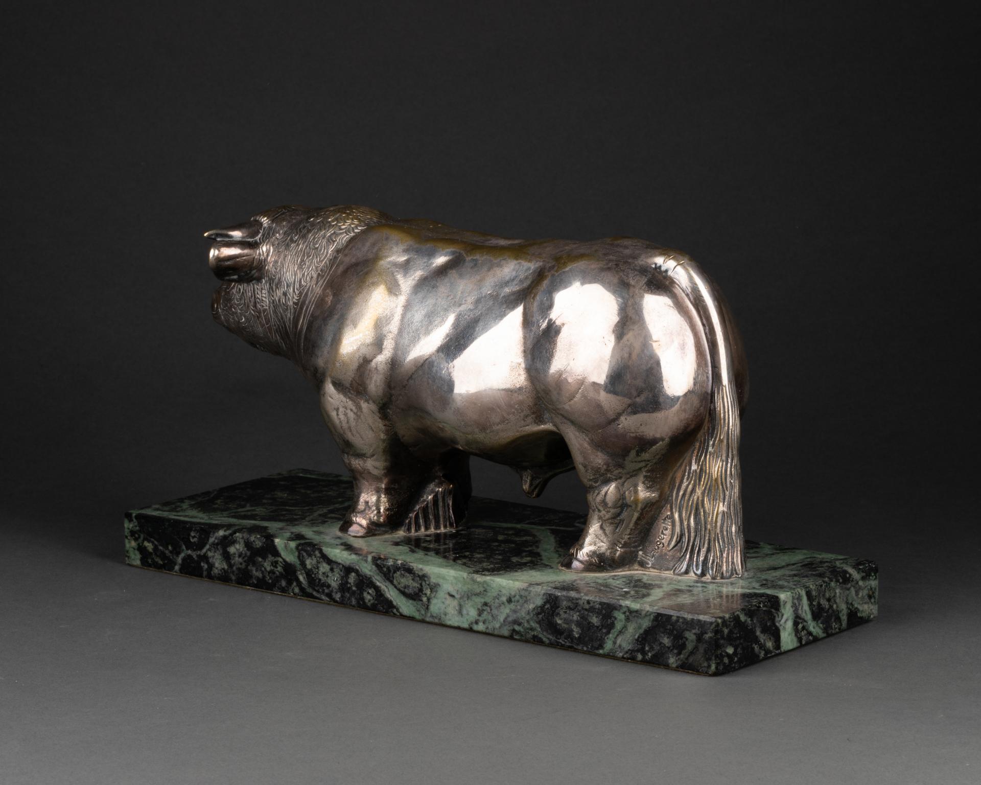 Silvered J.Laugerette (XXth c., France) : Silver plated bronze sculpture of a Bull For Sale