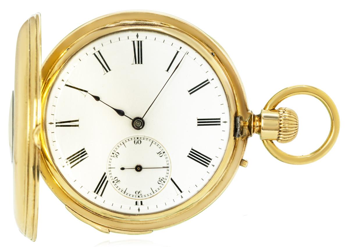 J.M. Badollet & Cie Geneve. A Gold and Enamel Keyless Lever Half Hunter Quarter Repeater Pocket Watch C1880.

Dial: The white enamel dial with Roman numerals and outer minute track. The subsidiary seconds dial located at six o'clock. The fine