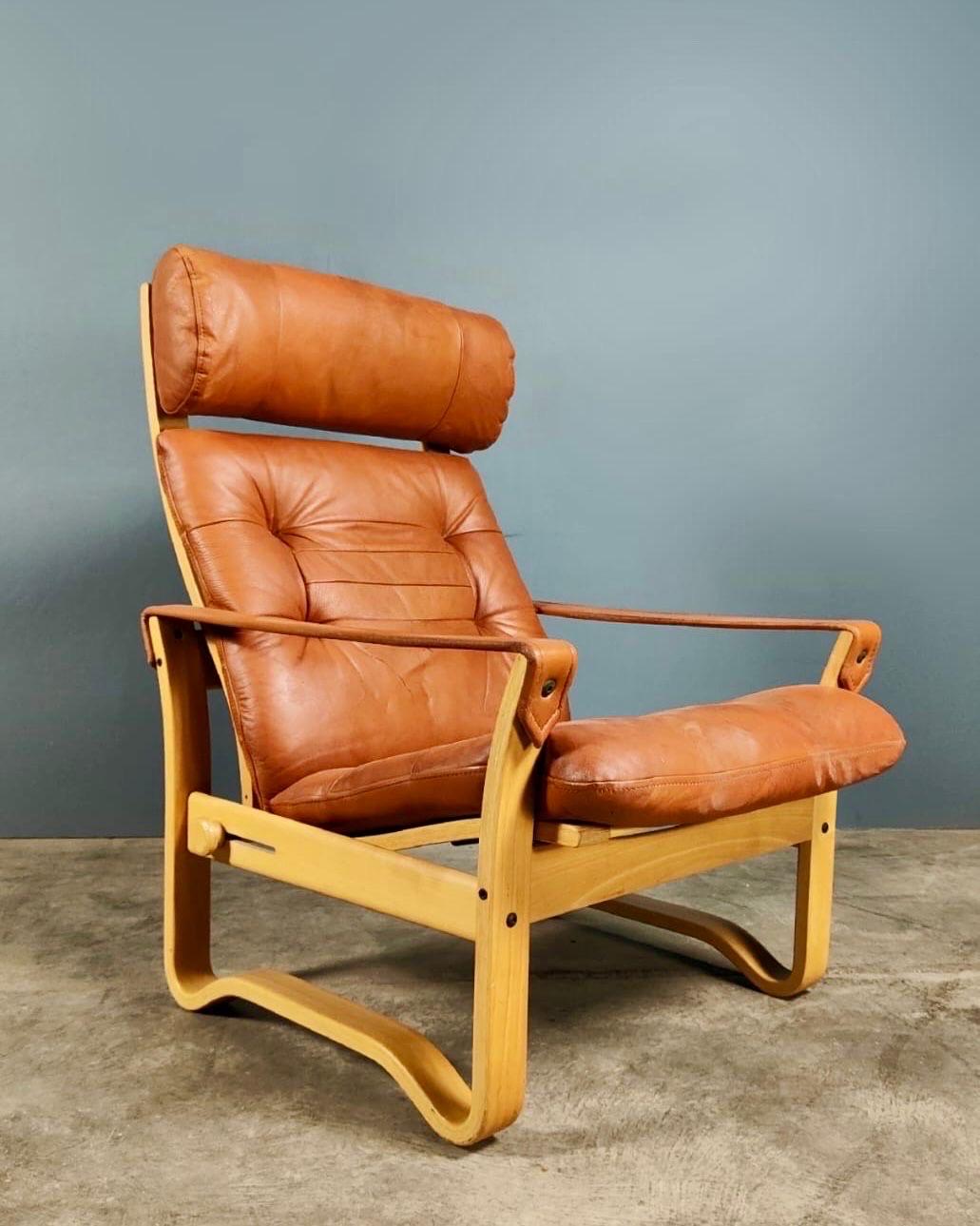 Mid-Century Modern J.M Birking Danish Reclining Lounge Chair Tan Cognac & Leather Footstool