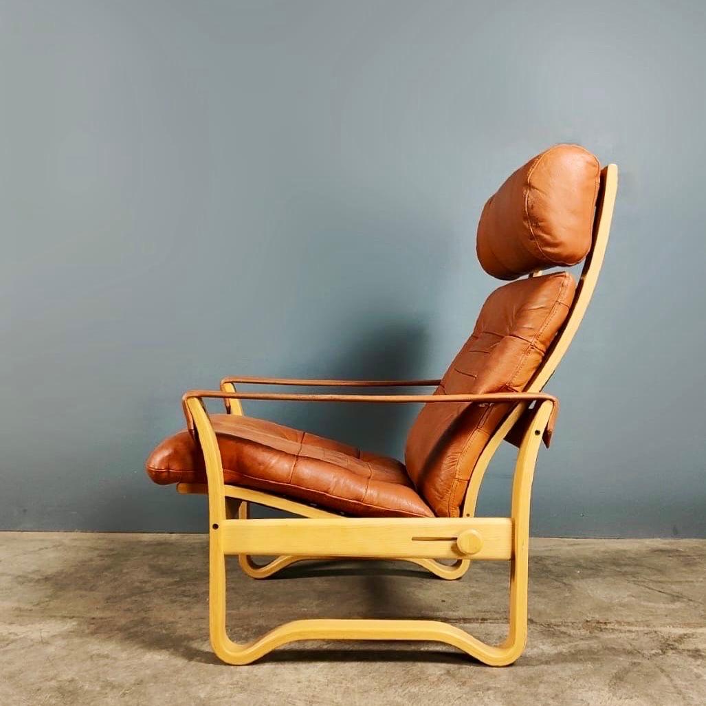 J.M Birking Danish Reclining Lounge Chair Tan Cognac & Leather Footstool In Excellent Condition In Cambridge, GB
