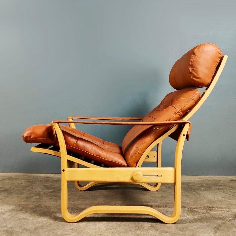 Late 20th Century J.M Birking Danish Reclining Lounge Chair Tan Cognac & Leather Footstool