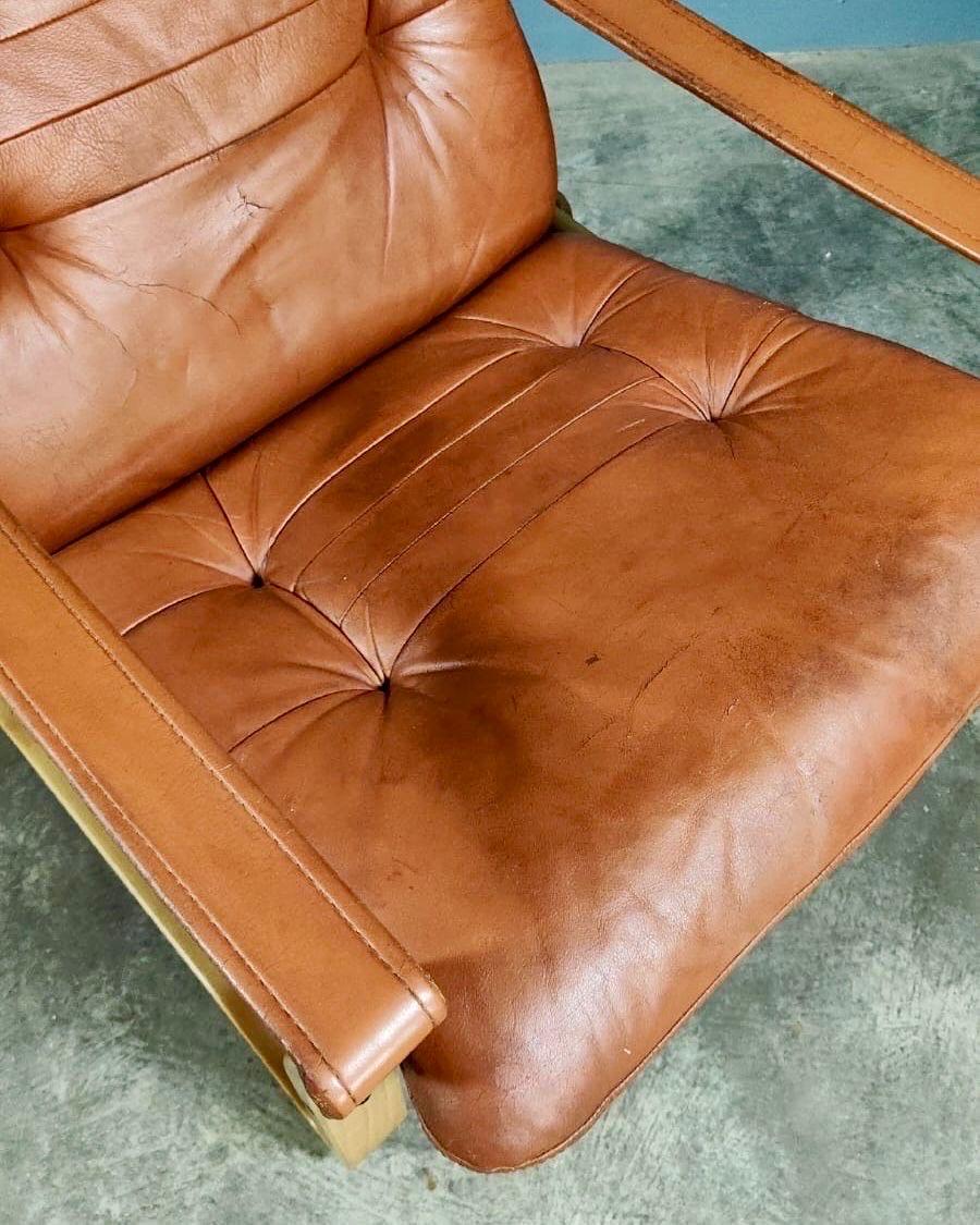 J.M Birking Danish Reclining Lounge Chair Tan Cognac & Leather Footstool 2