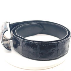 J&M Davidson Black Shiny Mens Leather Buckle Belt Silver Tone