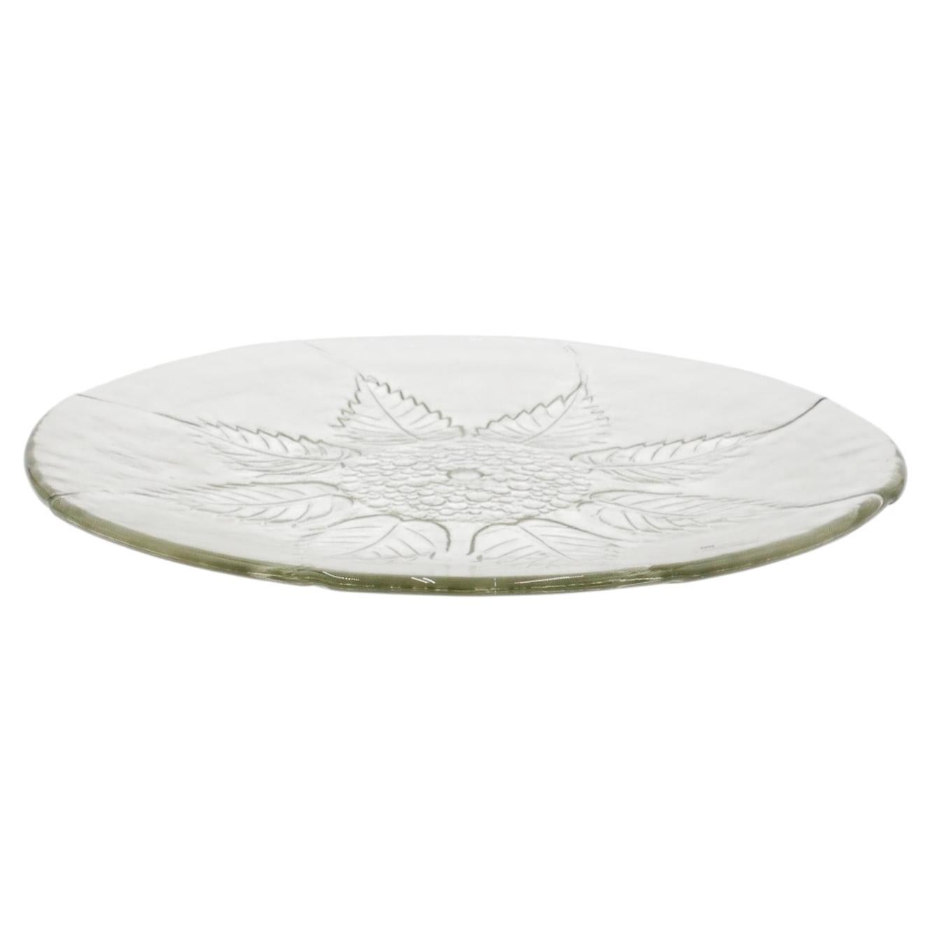 JM Glass Hand-Pressed Decorative Serving Plate, Leaf Motif, Clear Glass For Sale