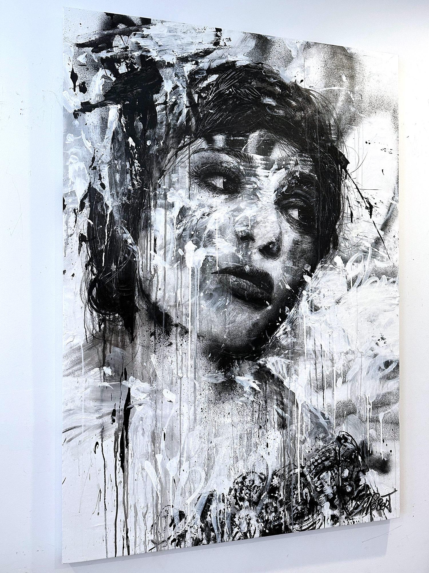 „Au Jour Le Jour“ Schwarz-Weiß-Porträt Street Art Pop Abstraktes Gemälde Leinwand im Angebot 13