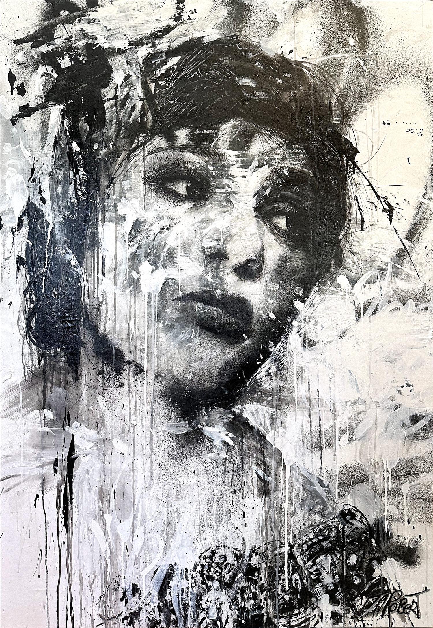 Portrait Painting de J.M. Robert - "Au Jour Le Jour" De Día en Día, Lienzo Pintura Pop Retrato Street Art en B/N