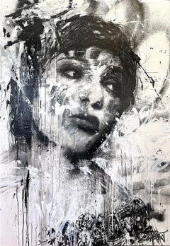 "Au Jour Le Jour" Black & White Portrait Street Art Pop Abstract Painting Canvas