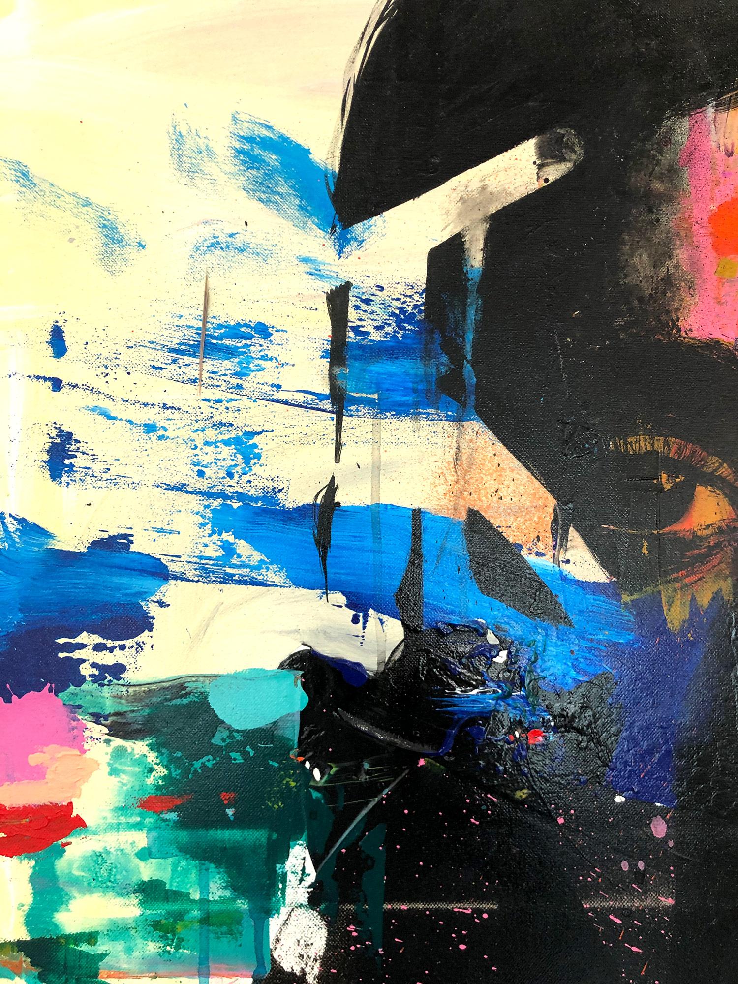 Abstraktes, farbenfrohes Porträt, Street Art, Pop Art auf Leinwand „ Comme Avant, As Before“ (Schwarz), Portrait Painting, von J.M. Robert